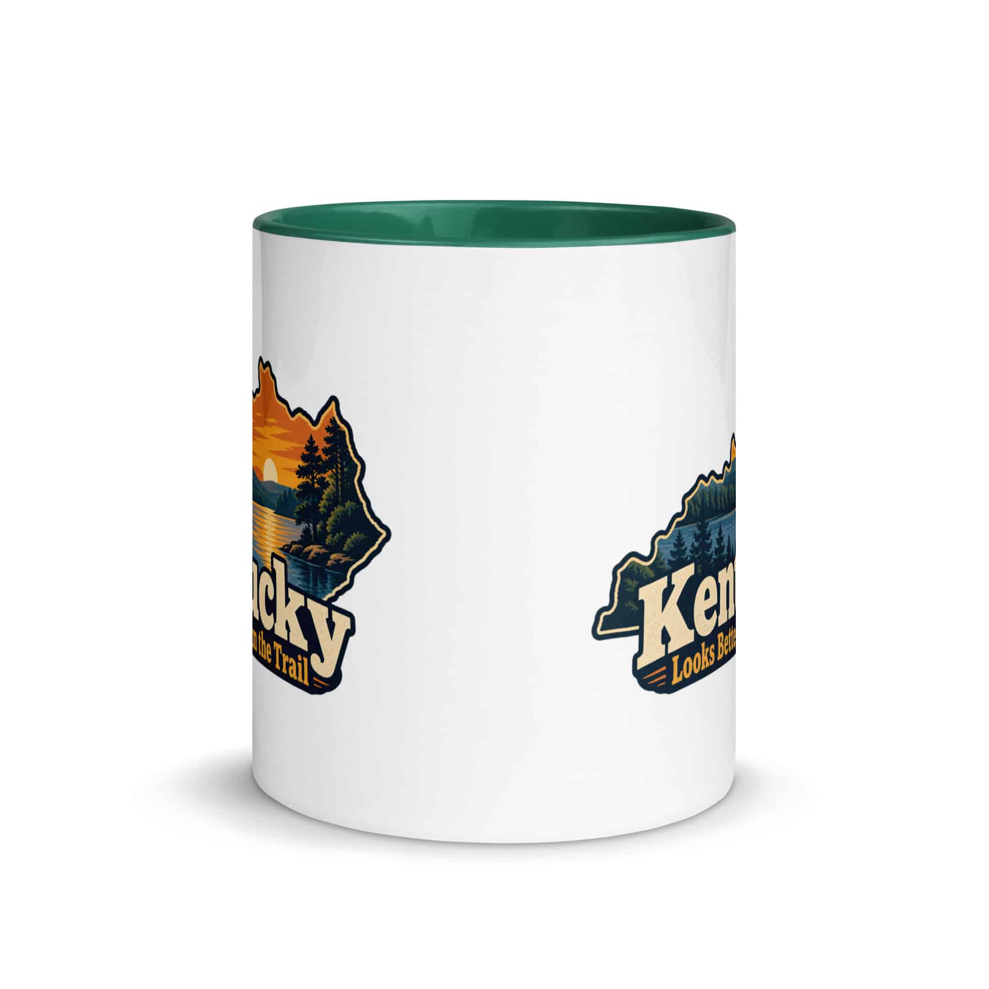 Kentucky Color Inside Coffee Mug: Lake with wooded shoreline, Colorful Kentucky Silhouette