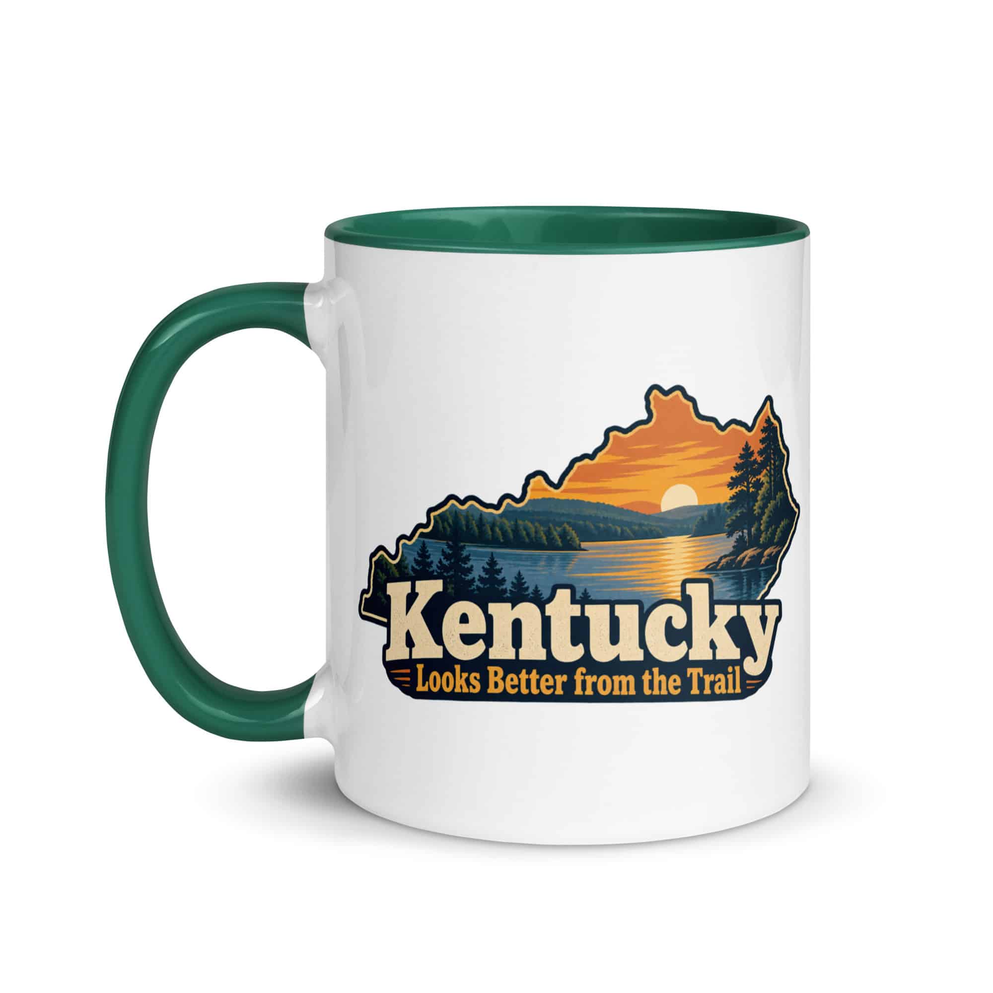 Kentucky Color Inside Coffee Mug: Lake with wooded shoreline, Colorful Kentucky Silhouette