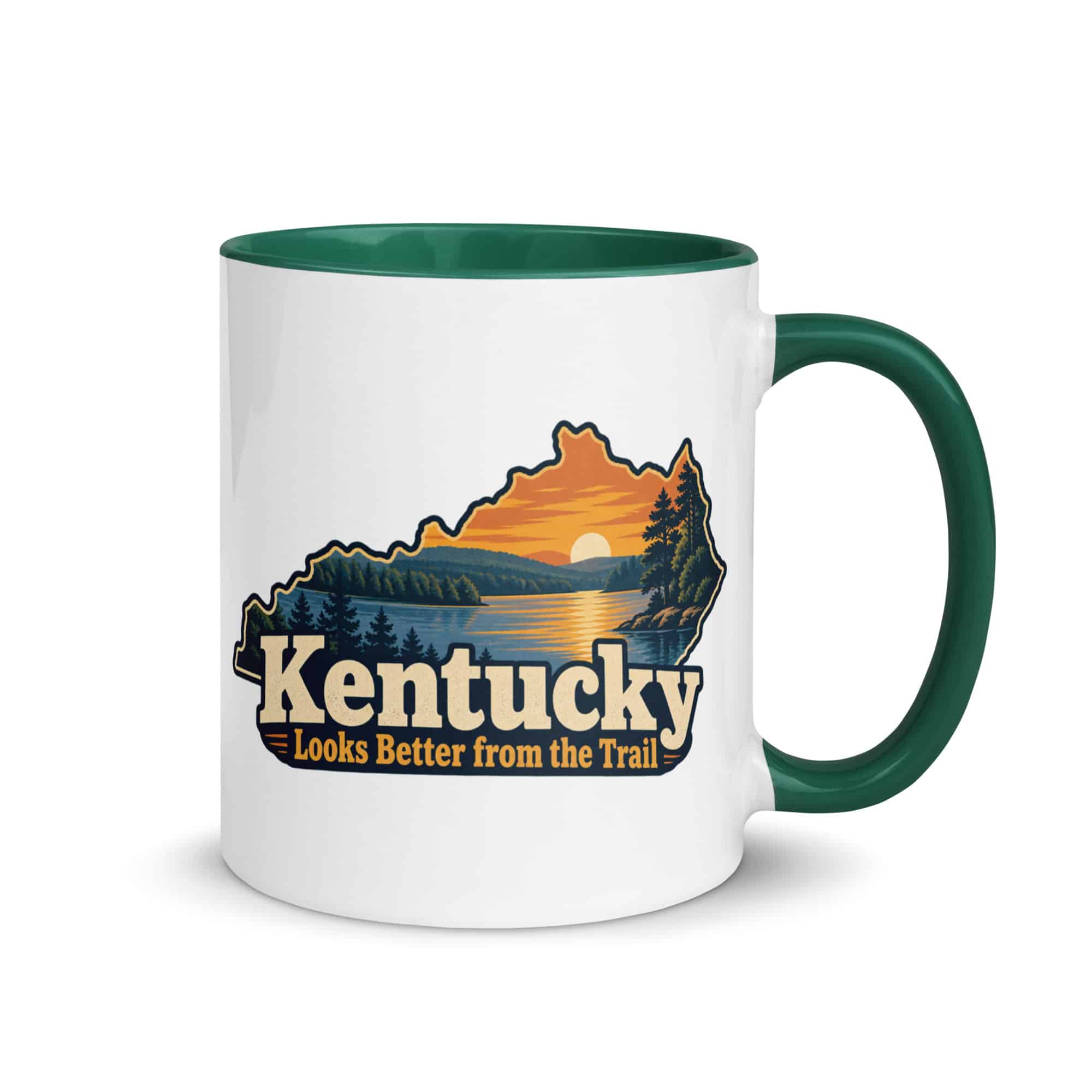 Kentucky Color Inside Coffee Mug: Lake with wooded shoreline, Colorful Kentucky Silhouette