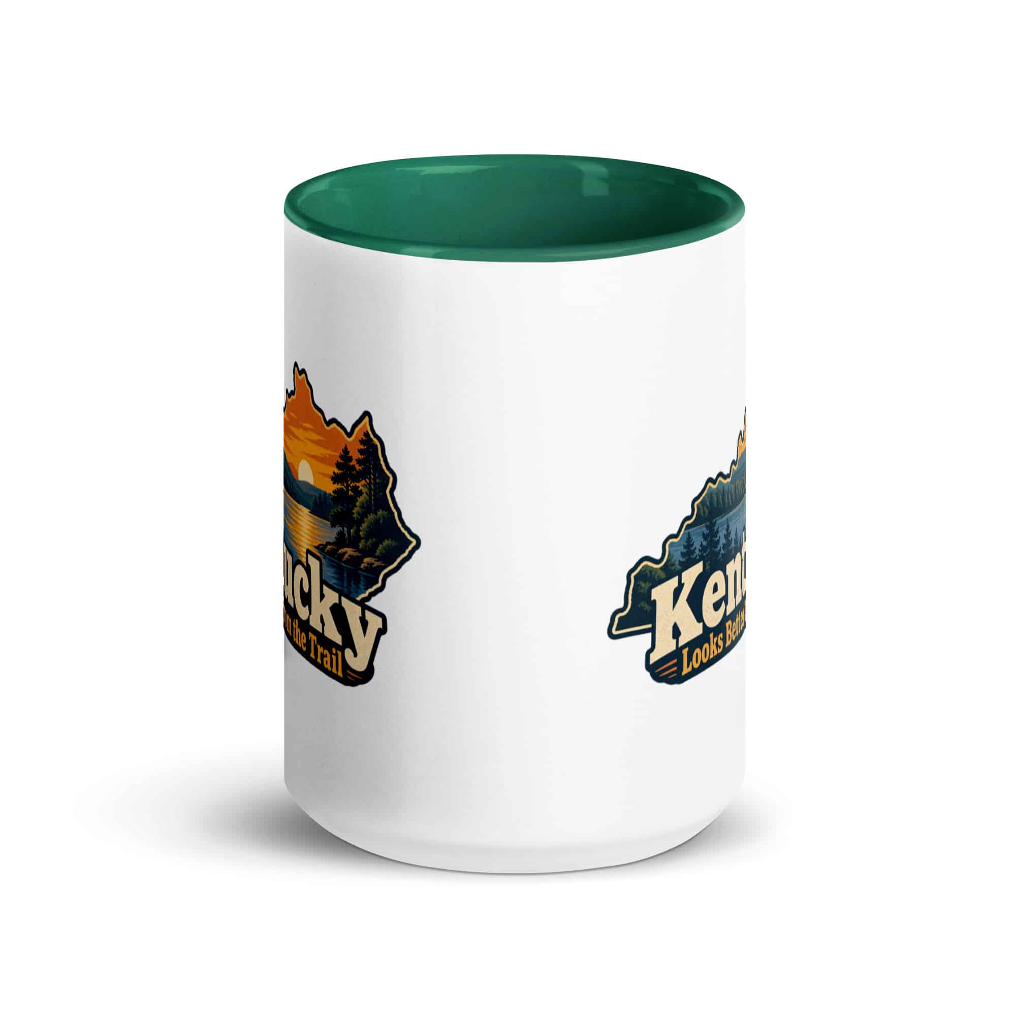 Kentucky Color Inside Coffee Mug: Lake with wooded shoreline, Colorful Kentucky Silhouette