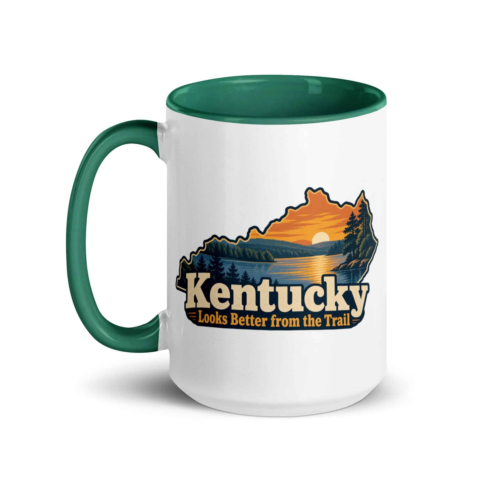 Kentucky Color Inside Coffee Mug: Lake with wooded shoreline, Colorful Kentucky Silhouette