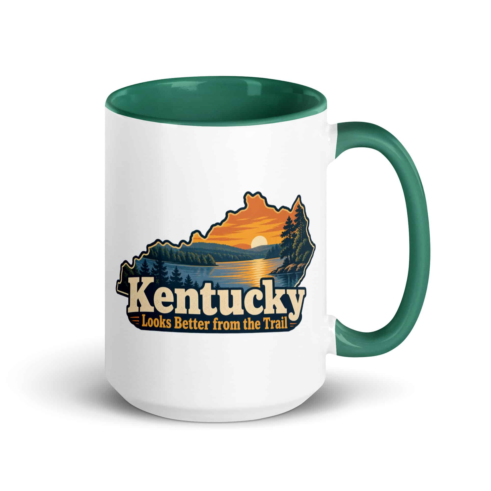 Kentucky Color Inside Coffee Mug: Lake with wooded shoreline, Colorful Kentucky Silhouette