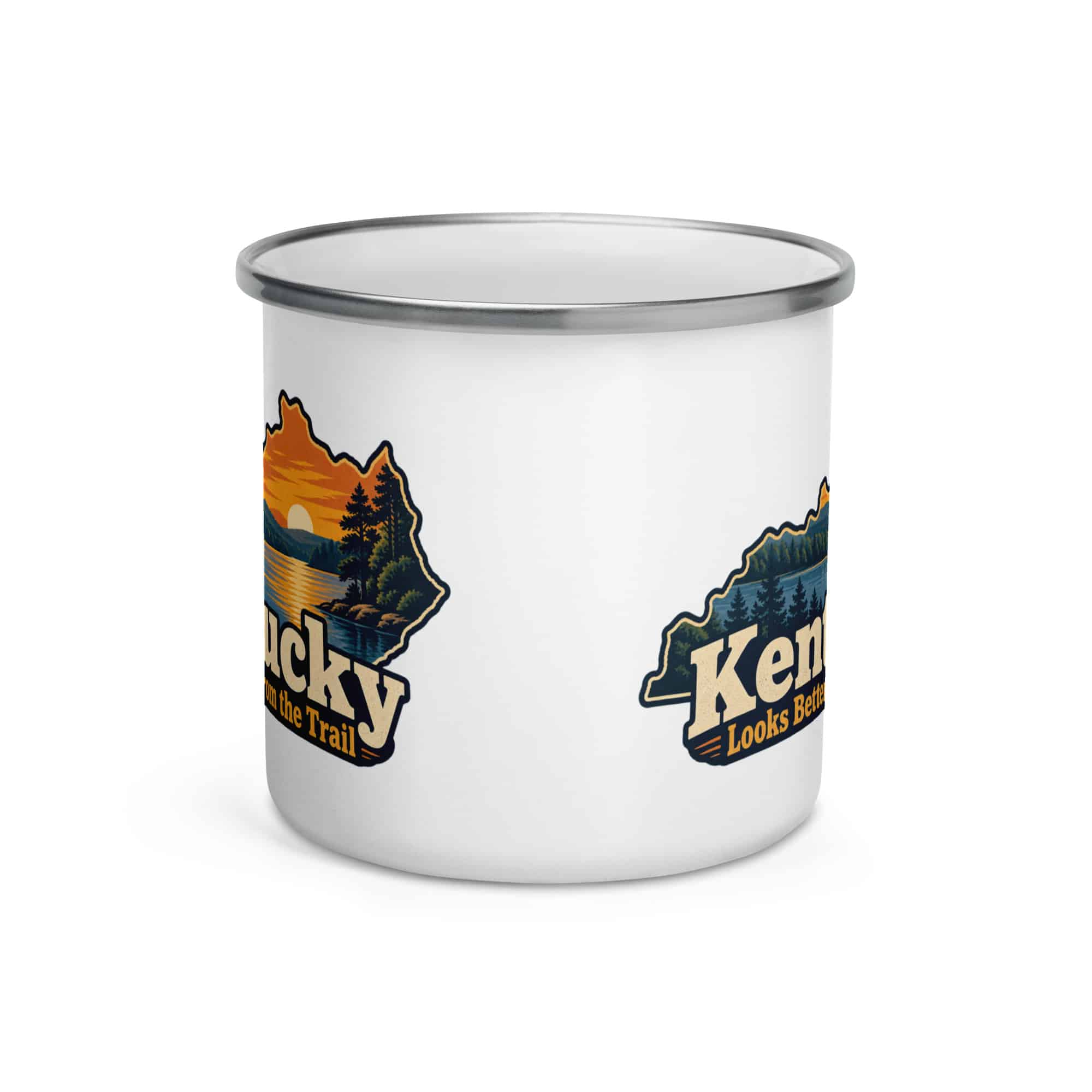 Kentucky Enamel Camp Mug: Lake with wooded shoreline, Colorful Kentucky Silhouette