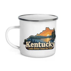 Kentucky Enamel Camp Mug: Lake with wooded shoreline, Colorful Kentucky Silhouette - 12 oz - Left