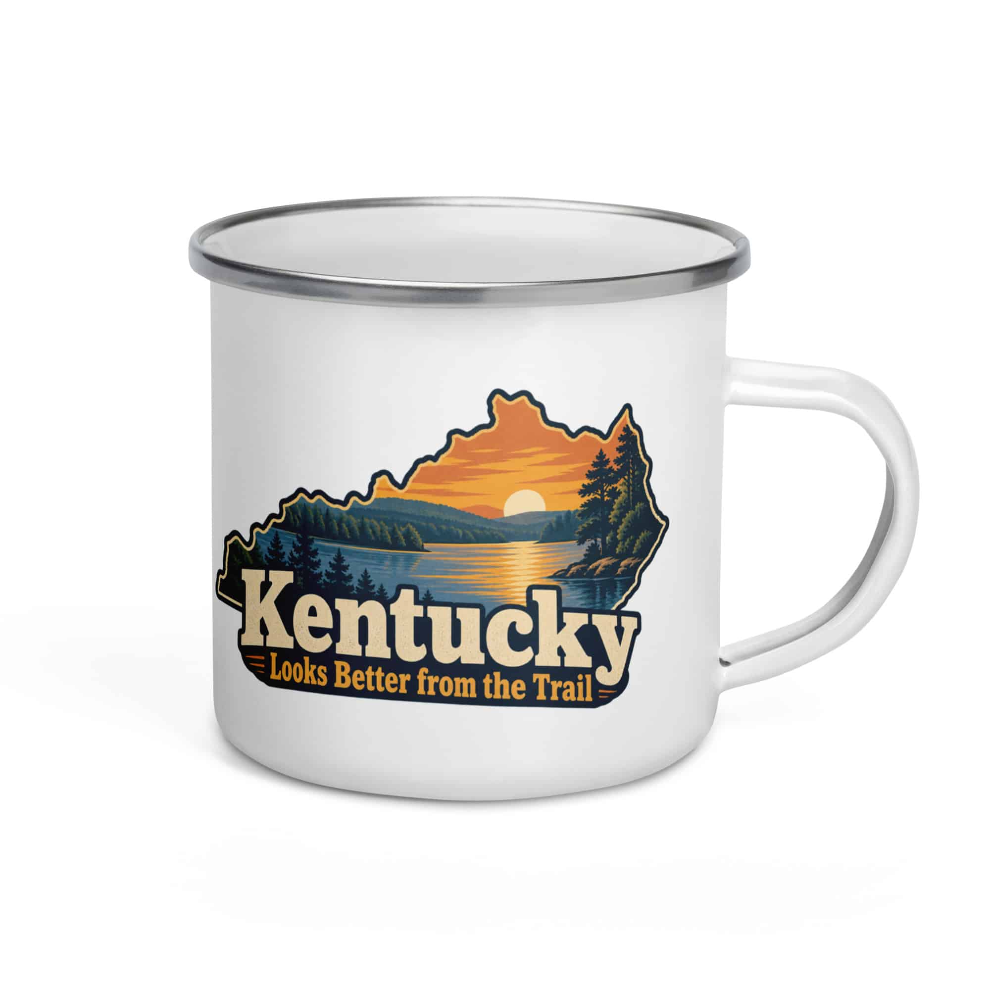 Kentucky Enamel Camp Mug: Lake with wooded shoreline, Colorful Kentucky Silhouette