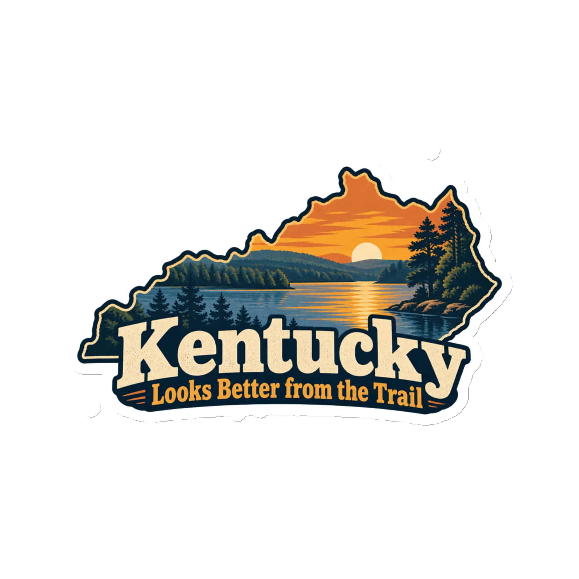 Kentucky Die-Cut Magnet: Lake with wooded shoreline, Colorful Kentucky Silhouette
