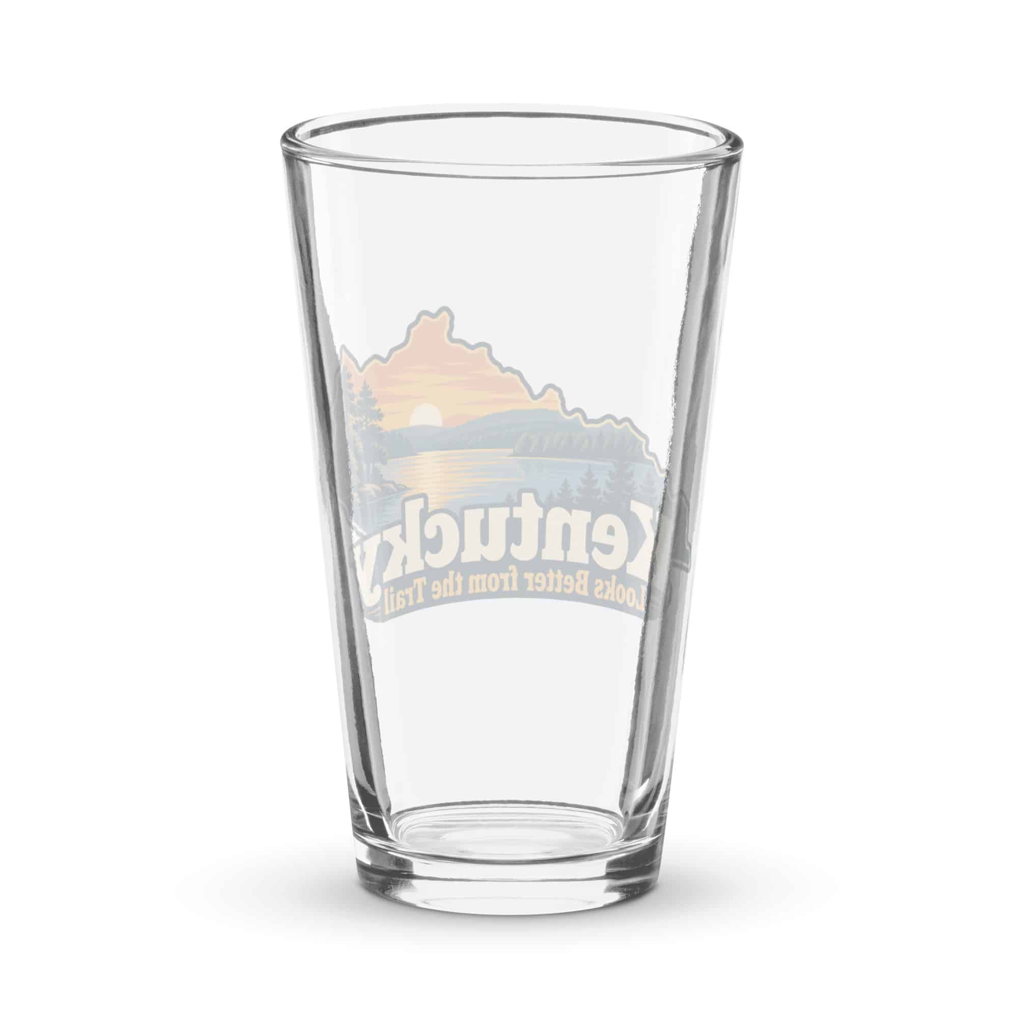 Kentucky Pint Glass: Lake with wooded shoreline, Colorful Kentucky Silhouette