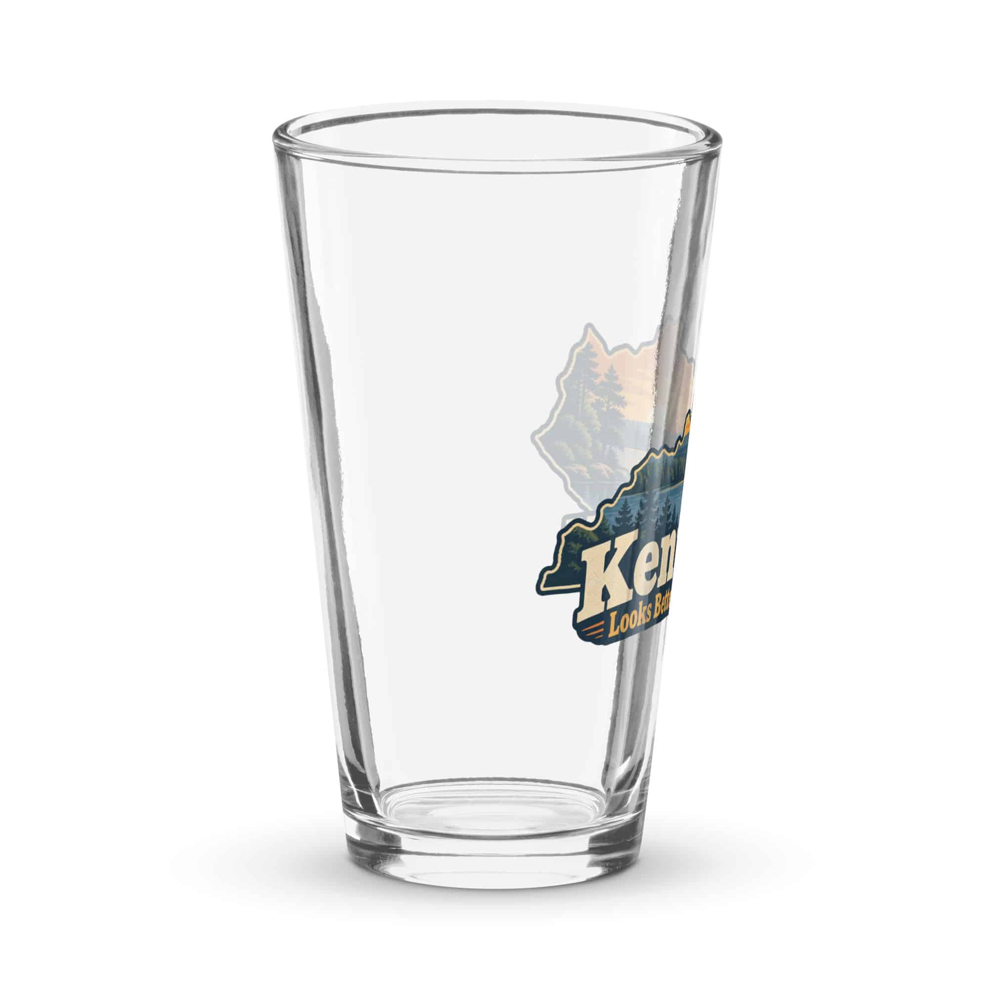 Kentucky Pint Glass: Lake with wooded shoreline, Colorful Kentucky Silhouette