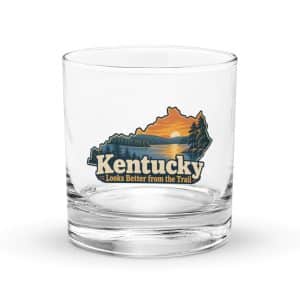 Kentucky Rocks Glass: Lake with wooded shoreline, Colorful Kentucky Silhouette - 10.5 oz - Main
