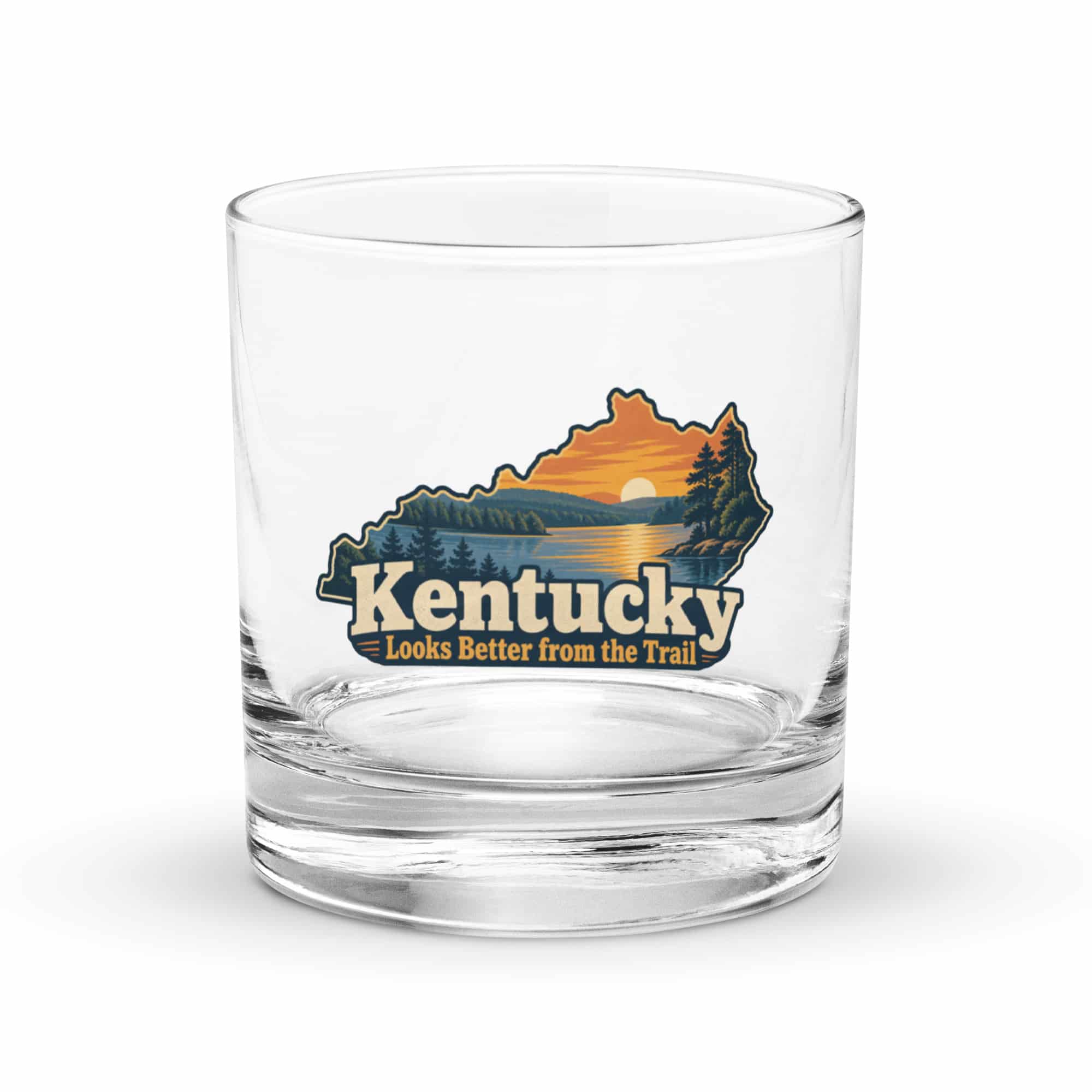 Kentucky Rocks Glass: Lake with wooded shoreline, Colorful Kentucky Silhouette