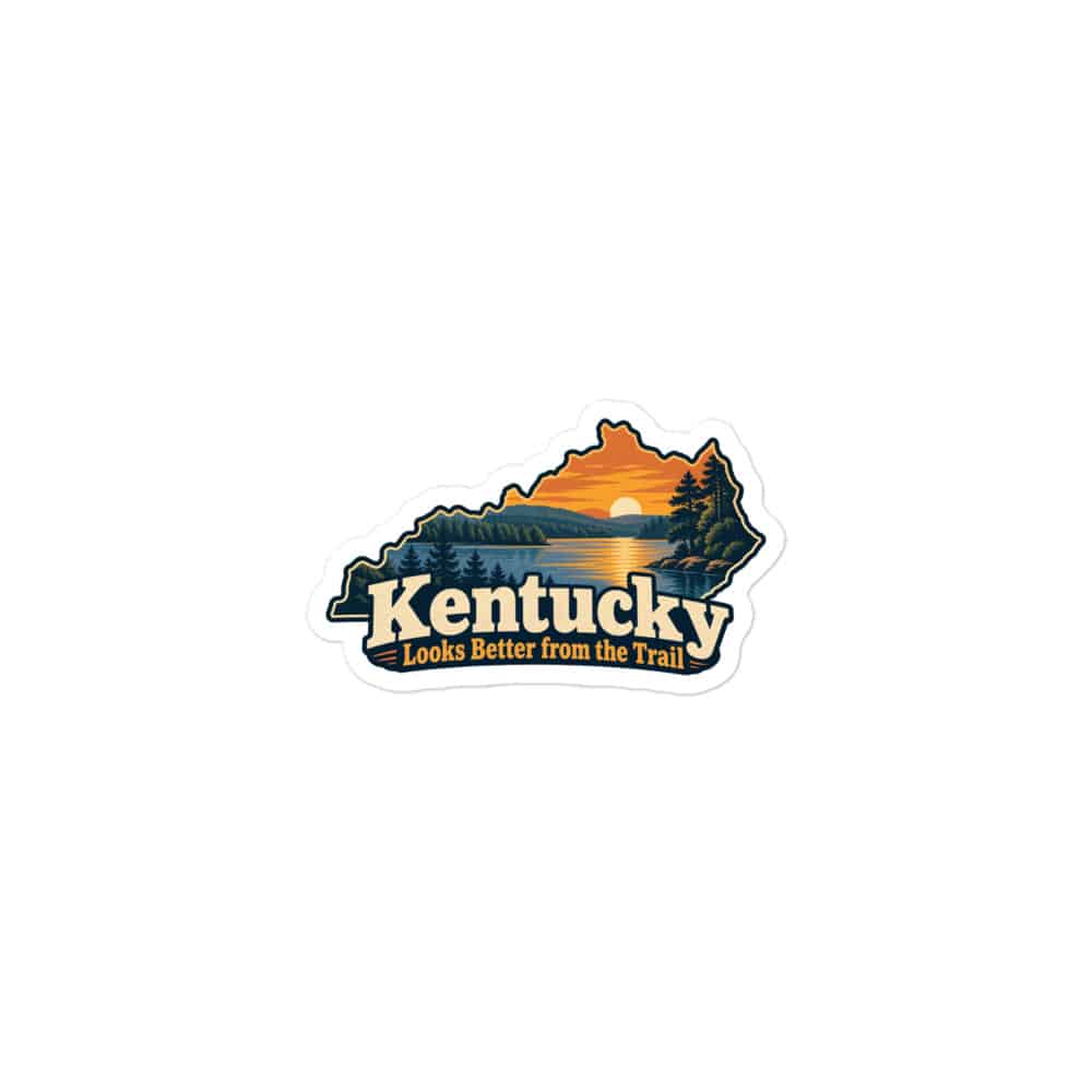 Kentucky Vinyl Sticker: Lake with wooded shoreline, Colorful Kentucky Silhouette