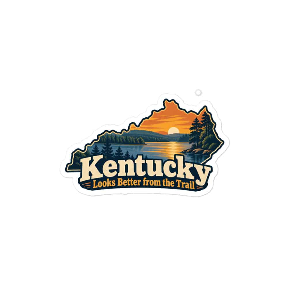 Kentucky Vinyl Sticker: Lake with wooded shoreline, Colorful Kentucky Silhouette