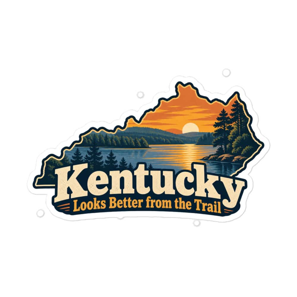 Kentucky Vinyl Sticker: Lake with wooded shoreline, Colorful Kentucky Silhouette