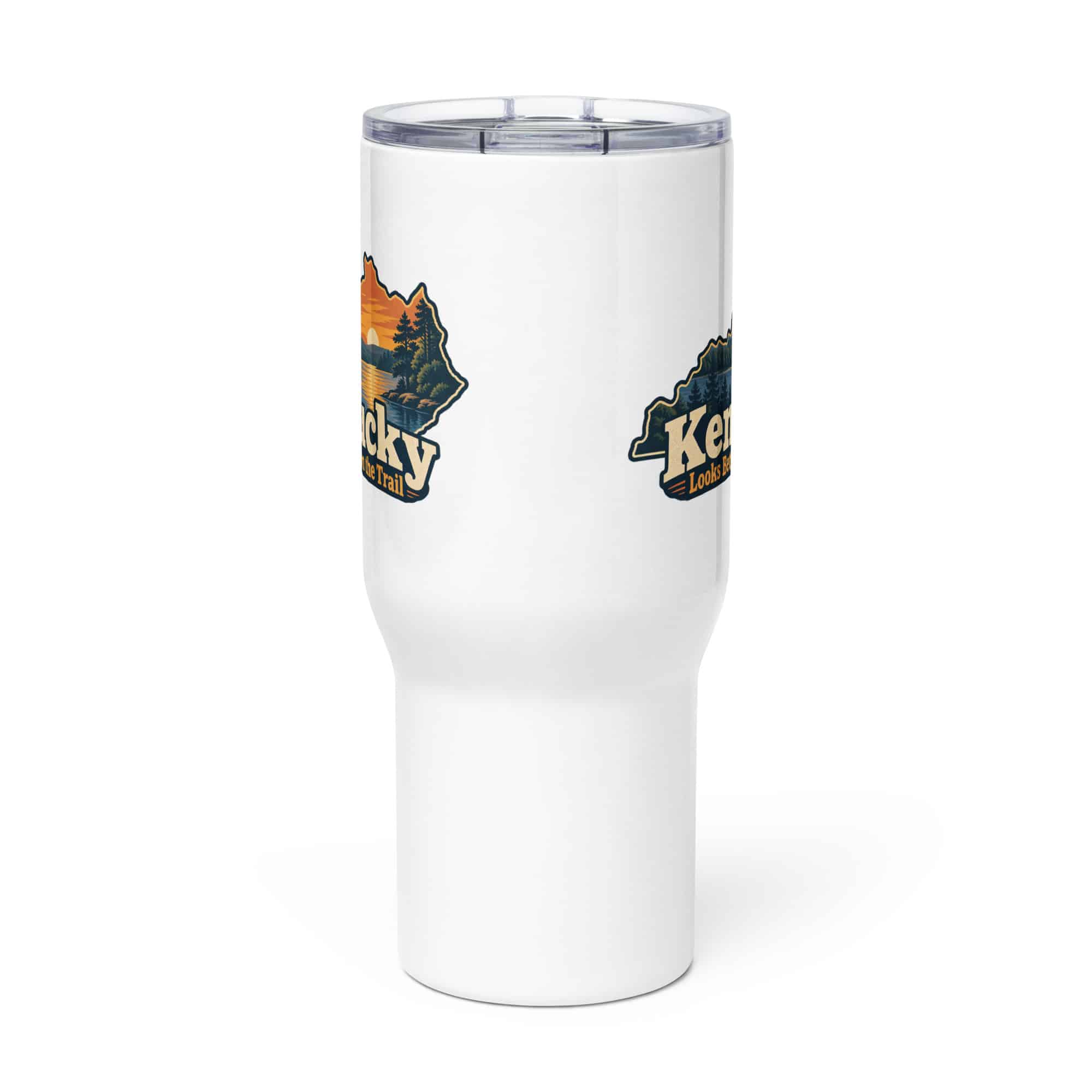 Kentucky Travel Mug: Lake with wooded shoreline, Colorful Kentucky Silhouette