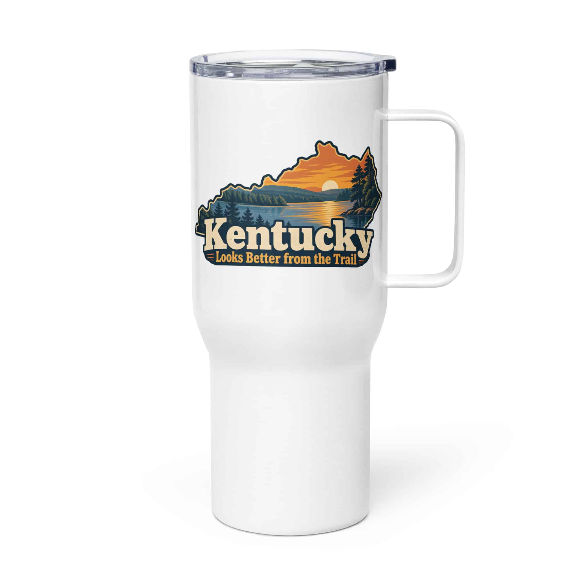 Kentucky Travel Mug: Lake with wooded shoreline, Colorful Kentucky Silhouette
