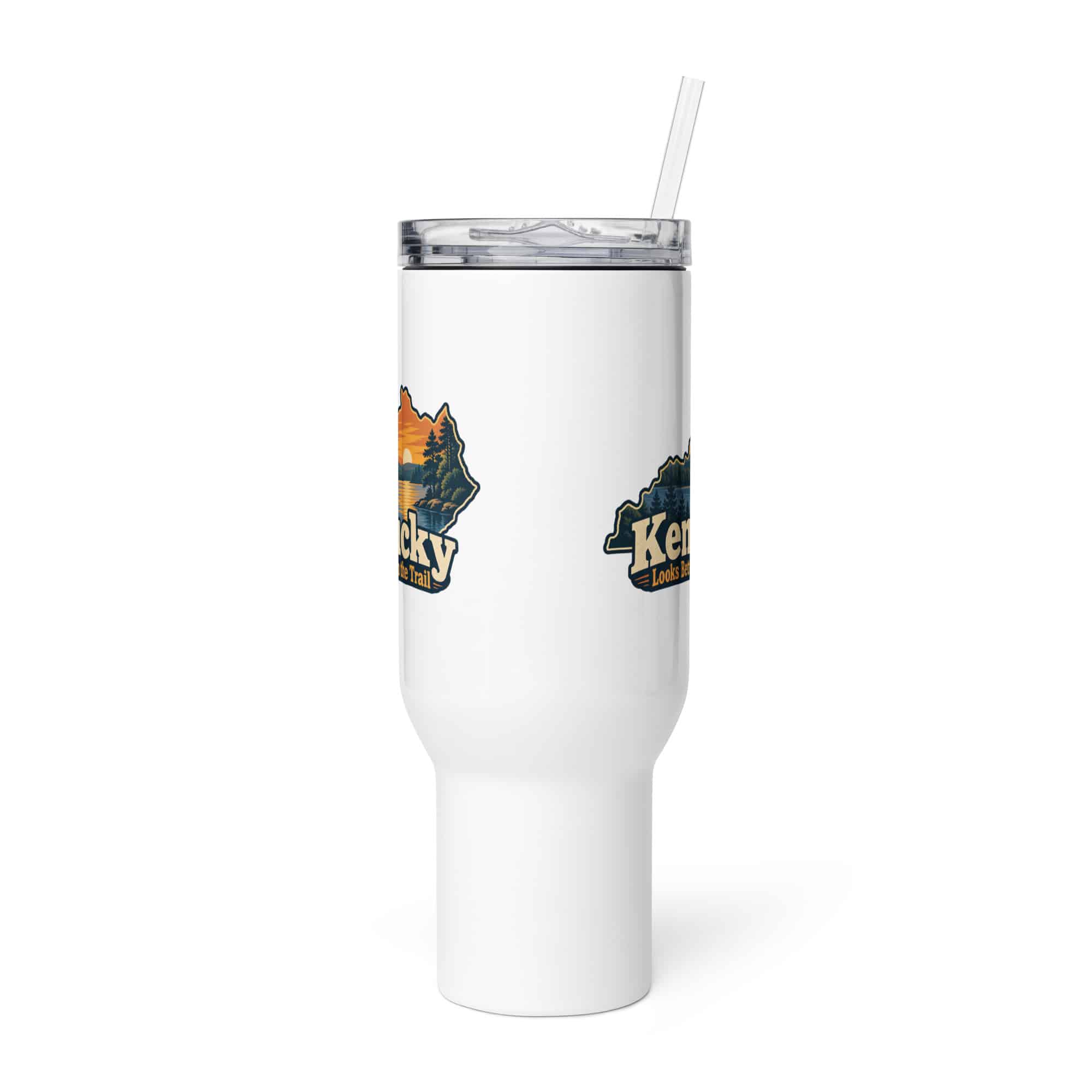 Kentucky Travel Mug: Lake with wooded shoreline, Colorful Kentucky Silhouette