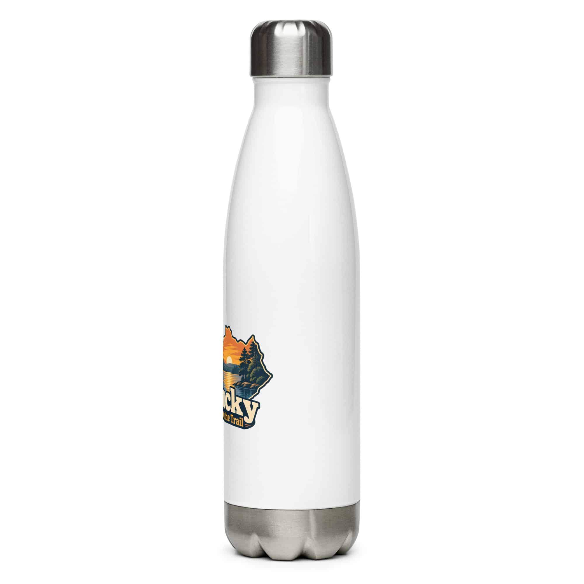 Kentucky Stainless Steel Water Bottle: Lake with wooded shoreline, Colorful Kentucky Silhouette