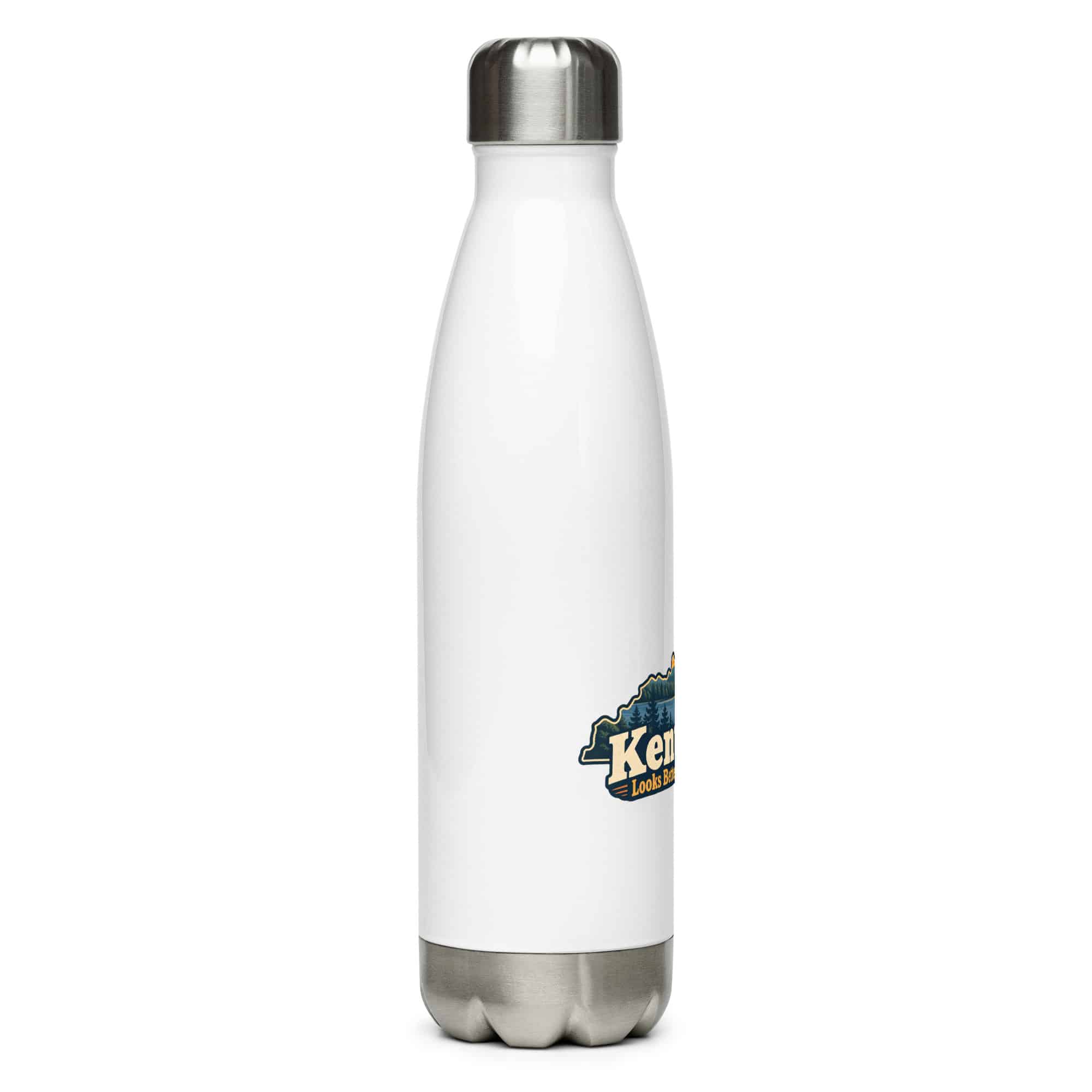 Kentucky Stainless Steel Water Bottle: Lake with wooded shoreline, Colorful Kentucky Silhouette