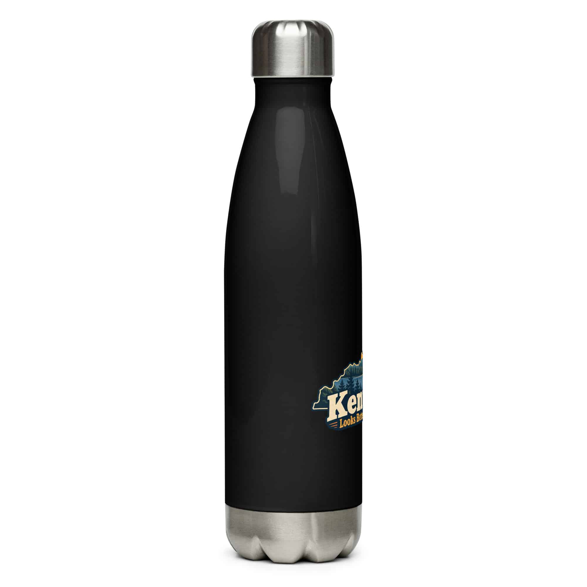 Kentucky Stainless Steel Water Bottle: Lake with wooded shoreline, Colorful Kentucky Silhouette