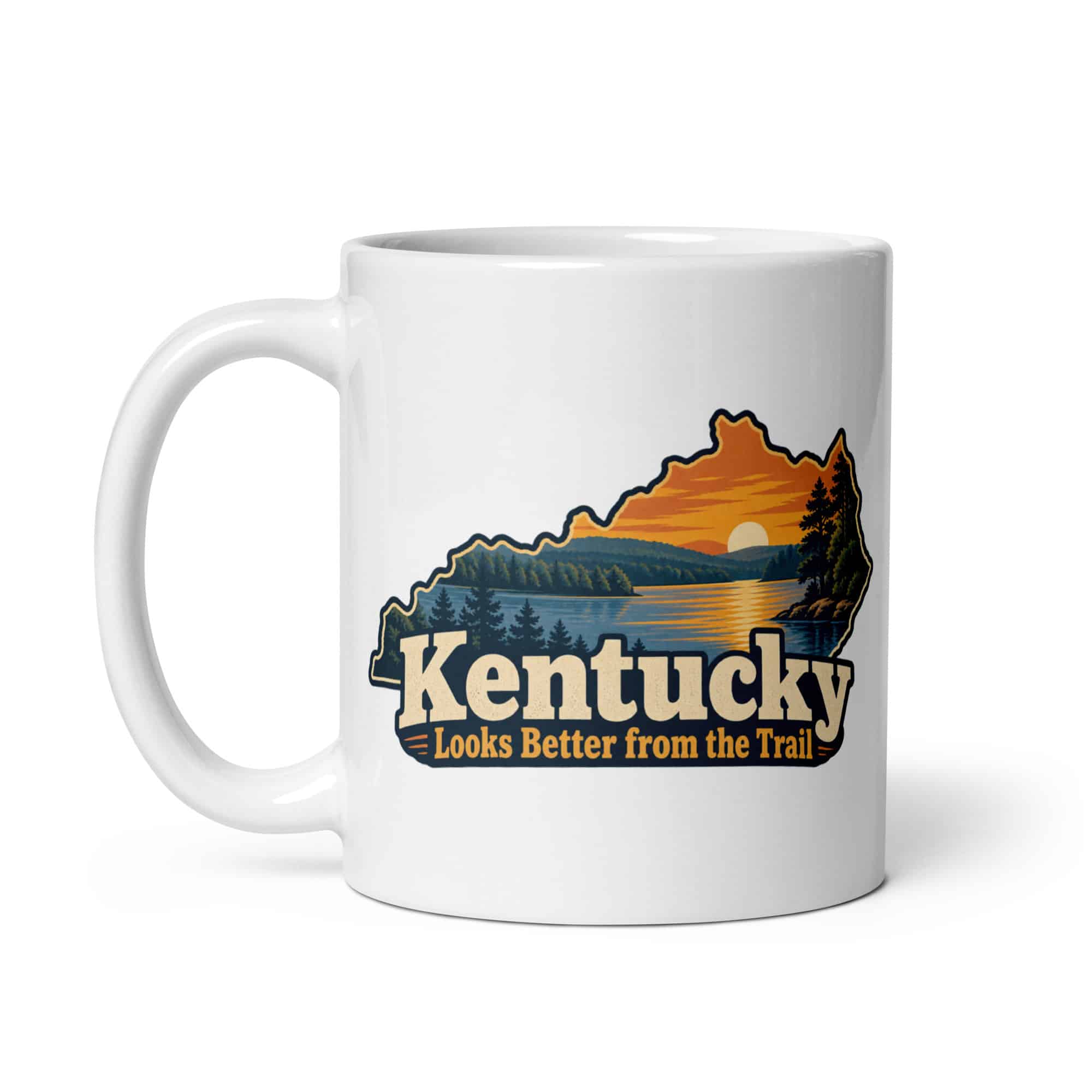 Kentucky White Ceramic Coffee Mug: Lake with wooded shoreline, Colorful Kentucky Silhouette