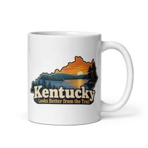 Kentucky White Ceramic Coffee Mug: Lake with wooded shoreline, Colorful Kentucky Silhouette - 11 oz - Main