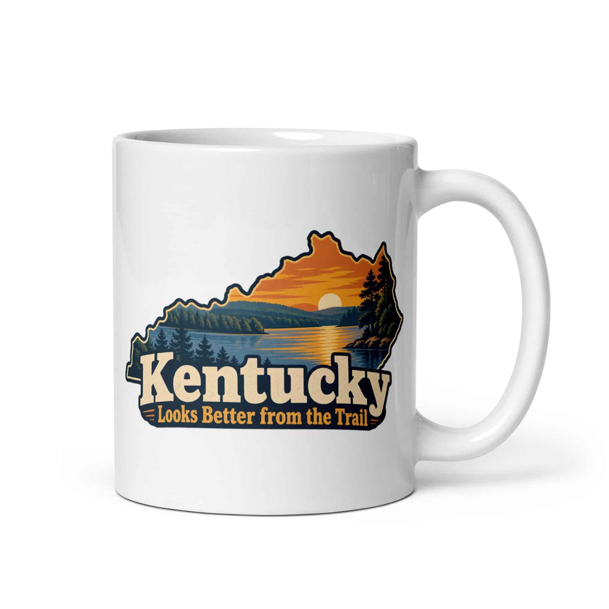 Kentucky White Ceramic Coffee Mug: Lake with wooded shoreline, Colorful Kentucky Silhouette