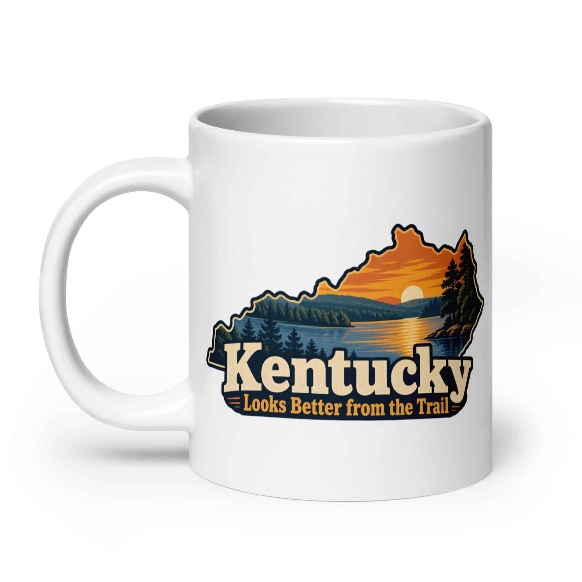 Kentucky White Ceramic Coffee Mug: Lake with wooded shoreline, Colorful Kentucky Silhouette
