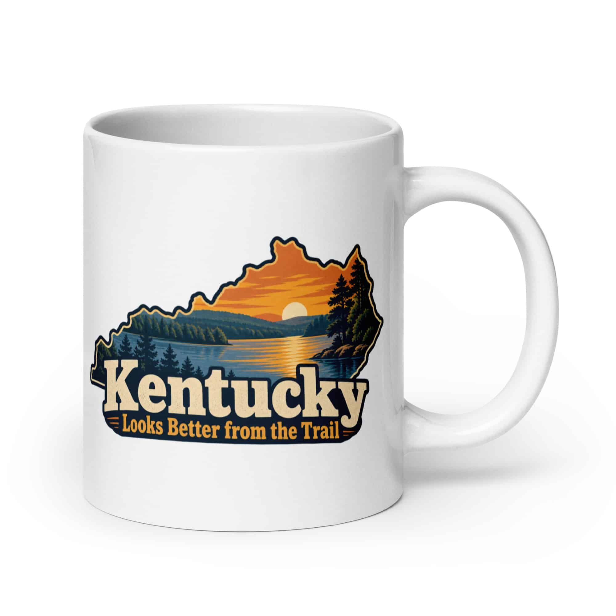 Kentucky White Ceramic Coffee Mug: Lake with wooded shoreline, Colorful Kentucky Silhouette