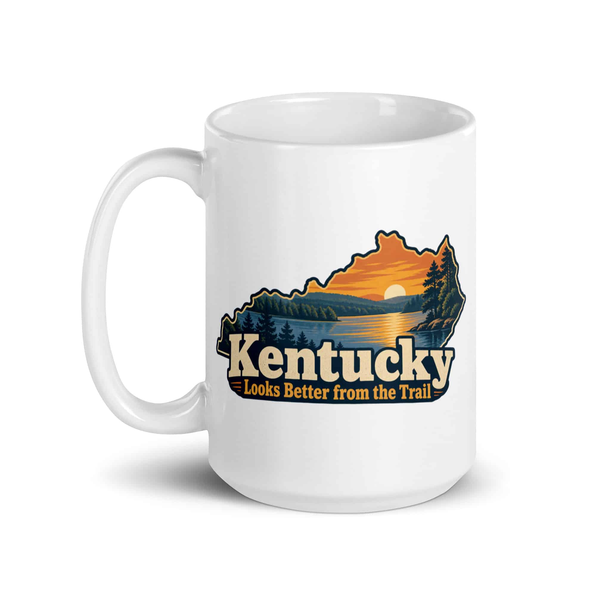 Kentucky White Ceramic Coffee Mug: Lake with wooded shoreline, Colorful Kentucky Silhouette