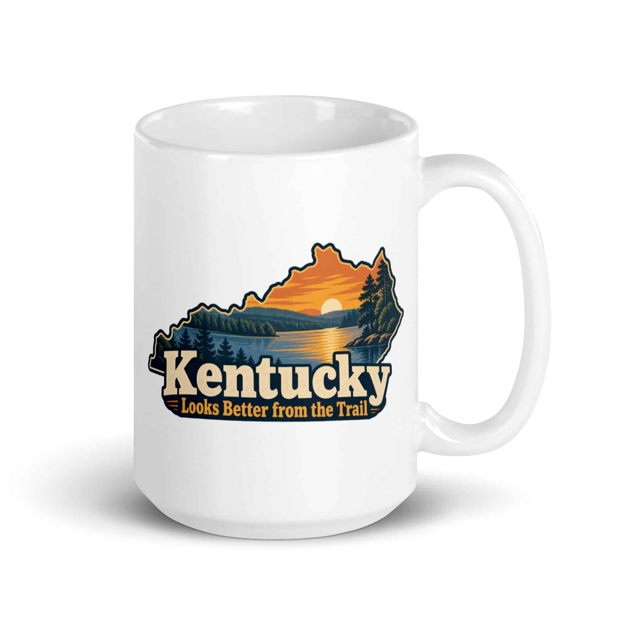 Kentucky White Ceramic Coffee Mug: Lake with wooded shoreline, Colorful Kentucky Silhouette