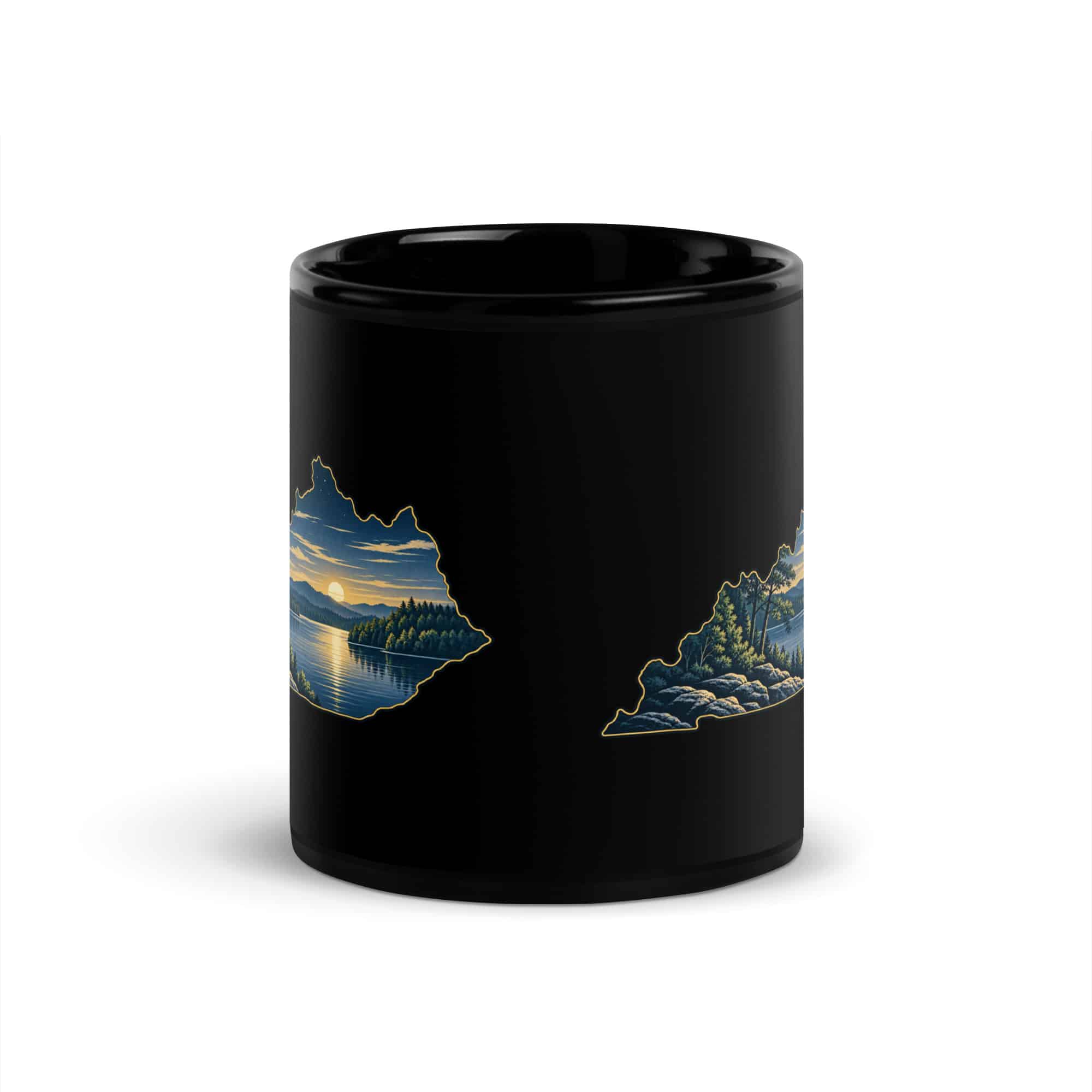 Kentucky Black Coffee Mug: Lake with wooded shoreline, Illustrated Kentucky Silhouette