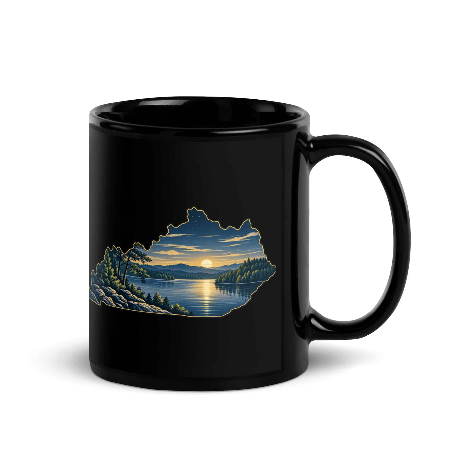 Kentucky Black Coffee Mug: Lake with wooded shoreline, Illustrated Kentucky Silhouette