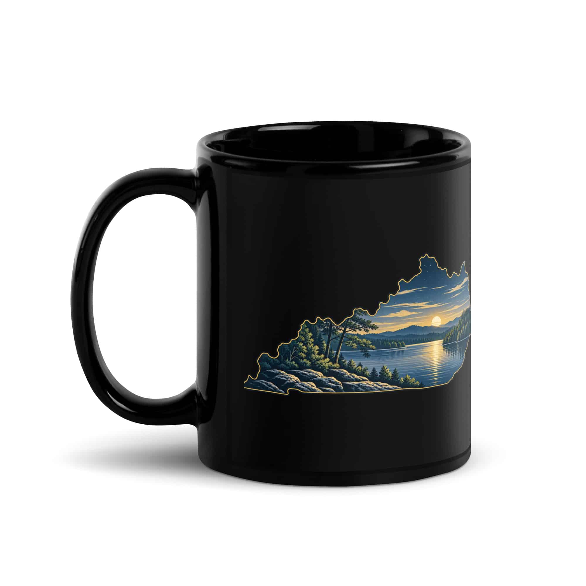 Kentucky Black Coffee Mug: Lake with wooded shoreline, Illustrated Kentucky Silhouette