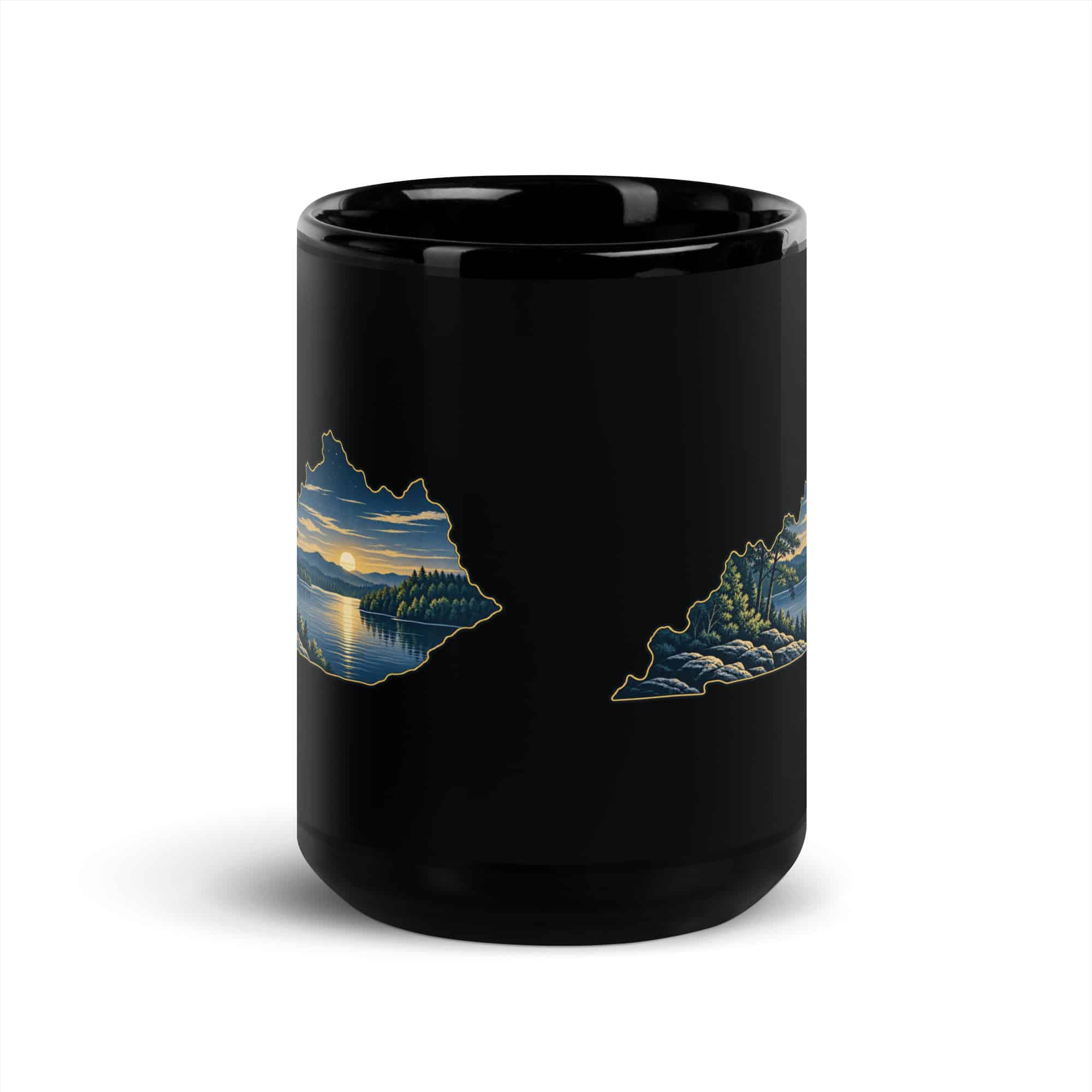 Kentucky Black Coffee Mug: Lake with wooded shoreline, Illustrated Kentucky Silhouette