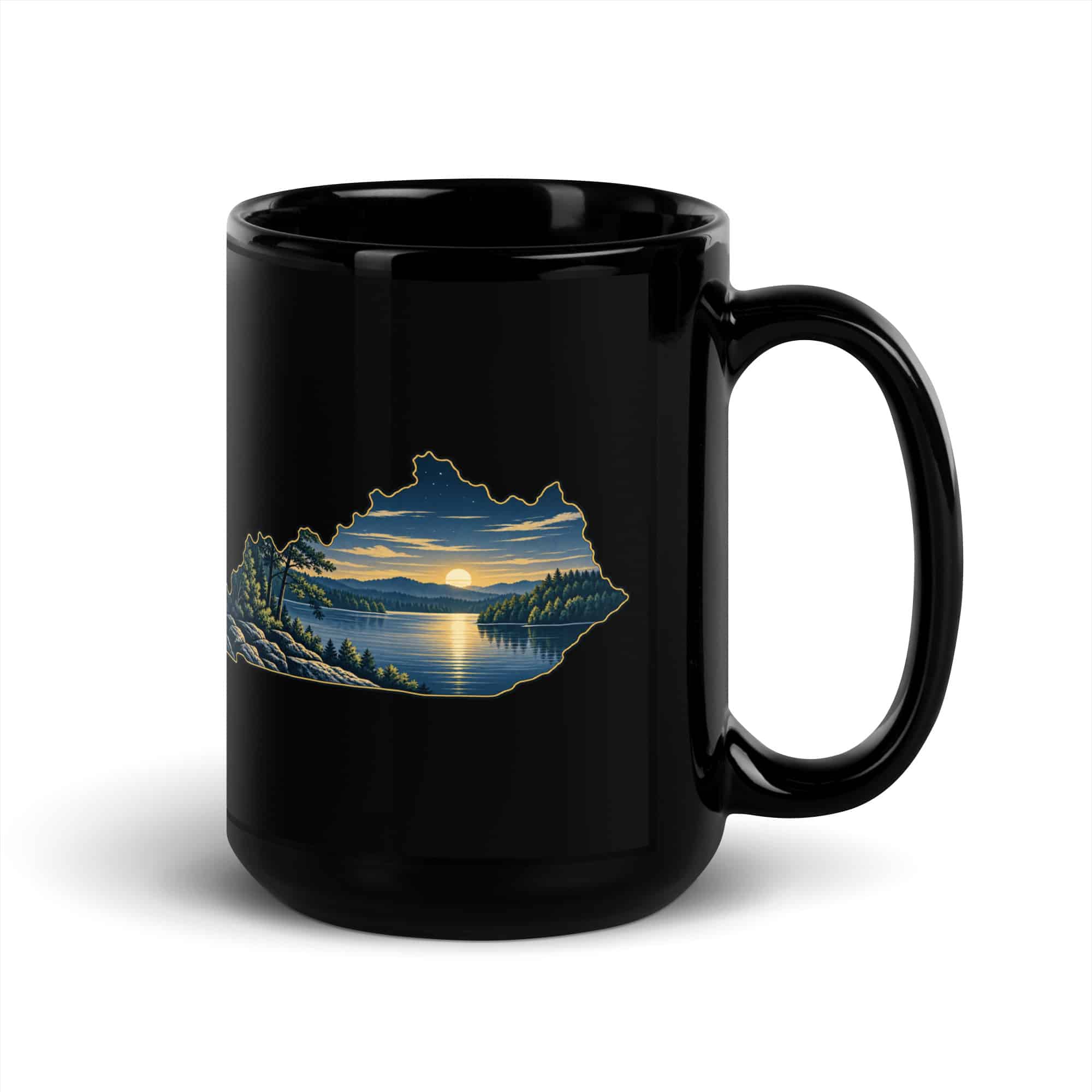 Kentucky Black Coffee Mug: Lake with wooded shoreline, Illustrated Kentucky Silhouette