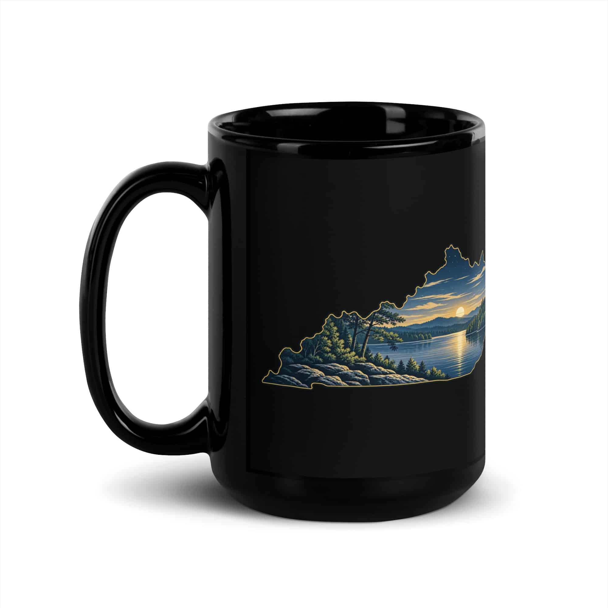 Kentucky Black Coffee Mug: Lake with wooded shoreline, Illustrated Kentucky Silhouette