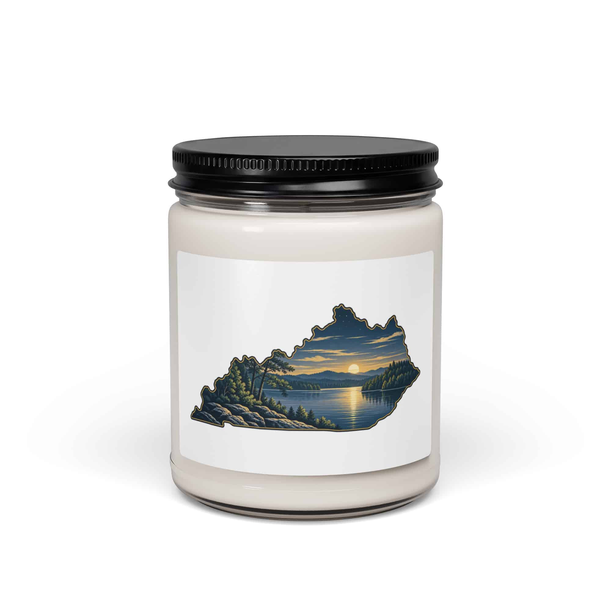 Kentucky Soy Wax Candle: Lake with wooded shoreline, Illustrated Kentucky Silhouette