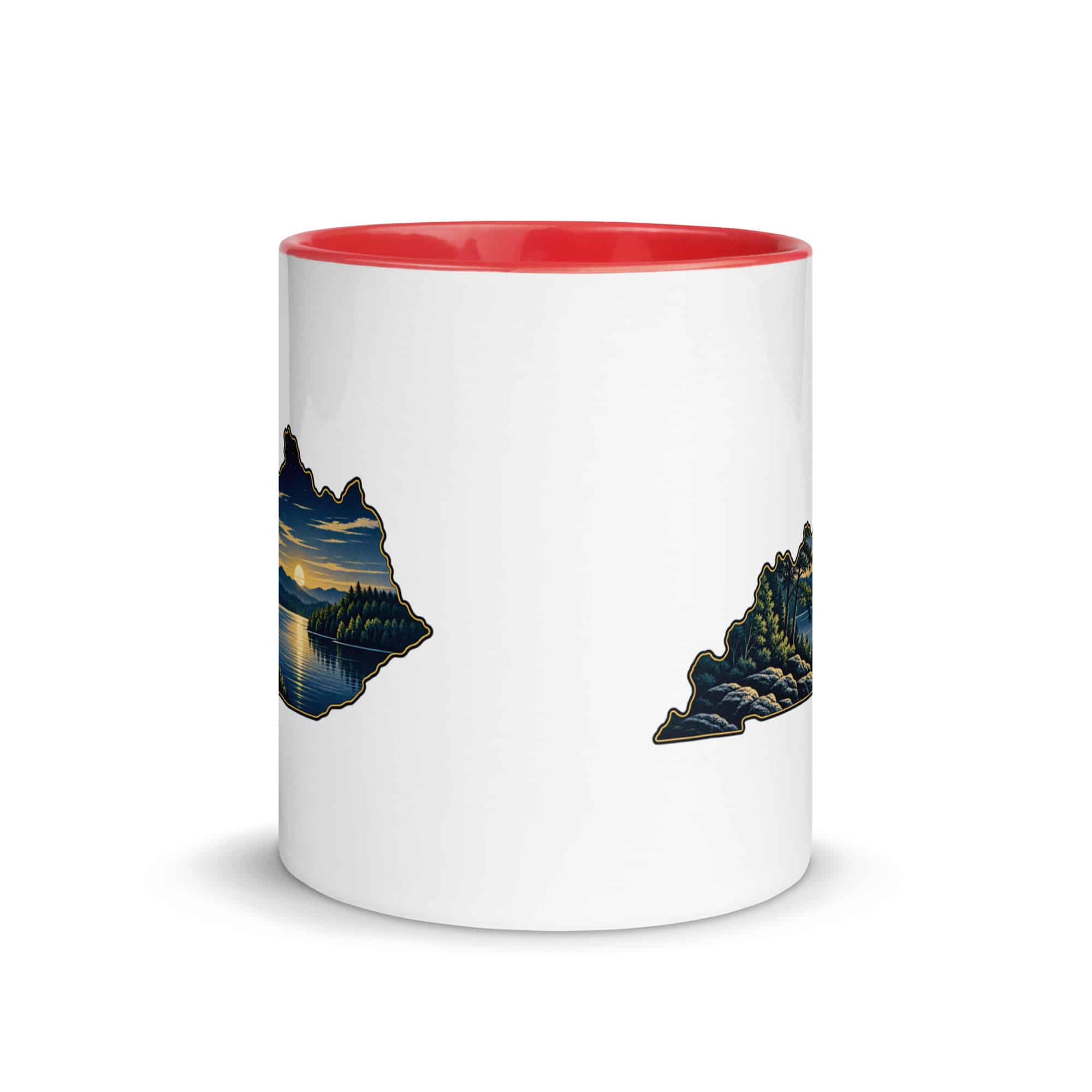 Kentucky Color Inside Coffee Mug: Lake with wooded shoreline, Illustrated Kentucky Silhouette