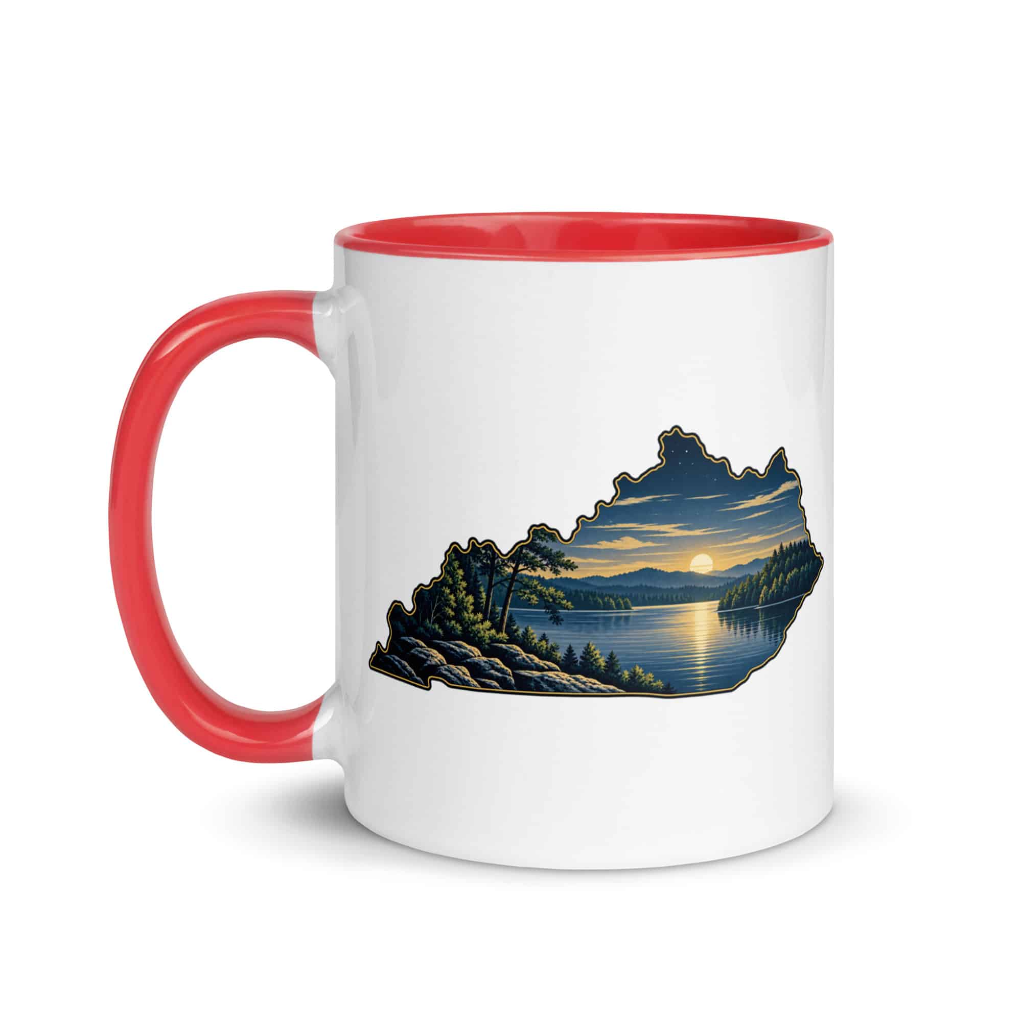 Kentucky Color Inside Coffee Mug: Lake with wooded shoreline, Illustrated Kentucky Silhouette