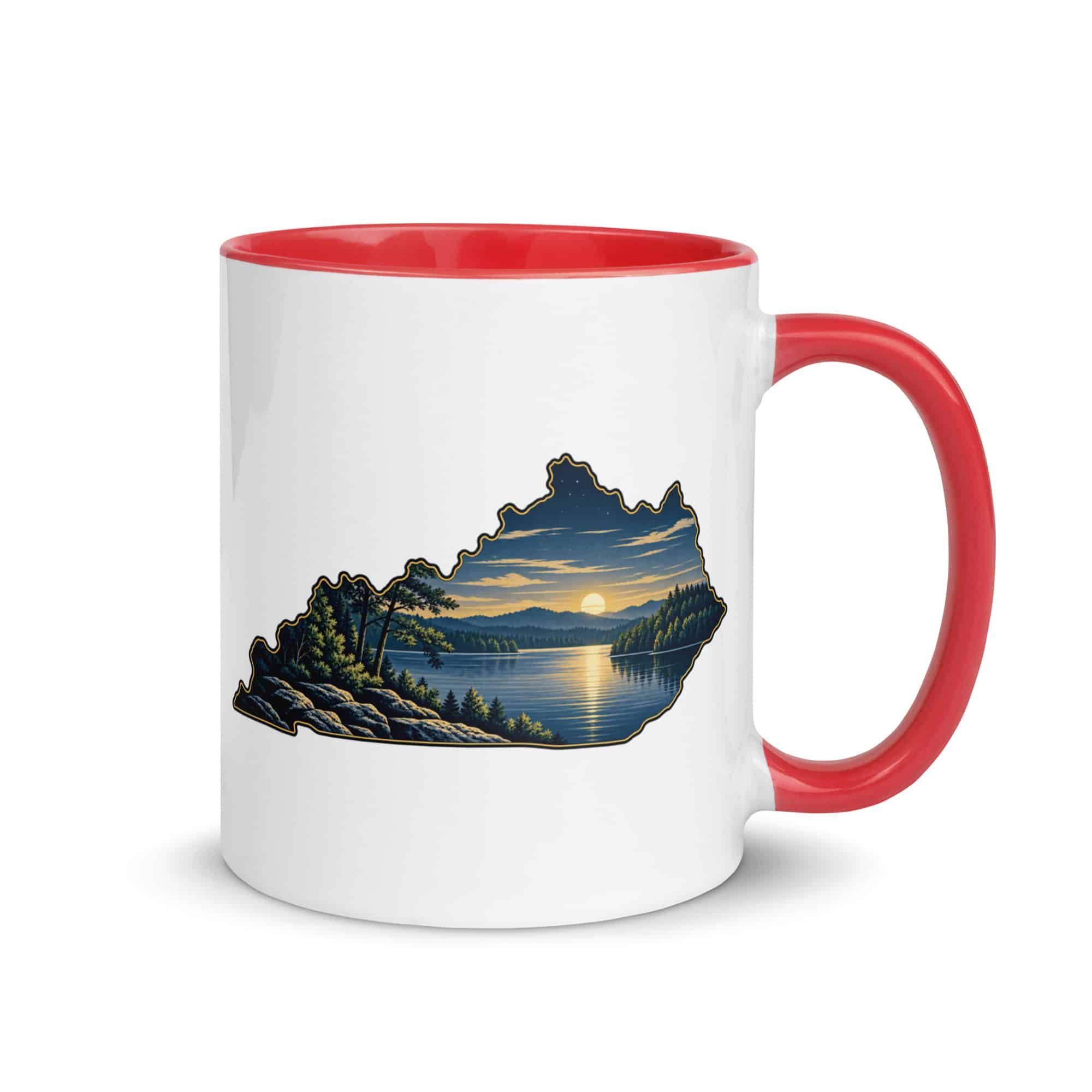 Kentucky Color Inside Coffee Mug: Lake with wooded shoreline, Illustrated Kentucky Silhouette