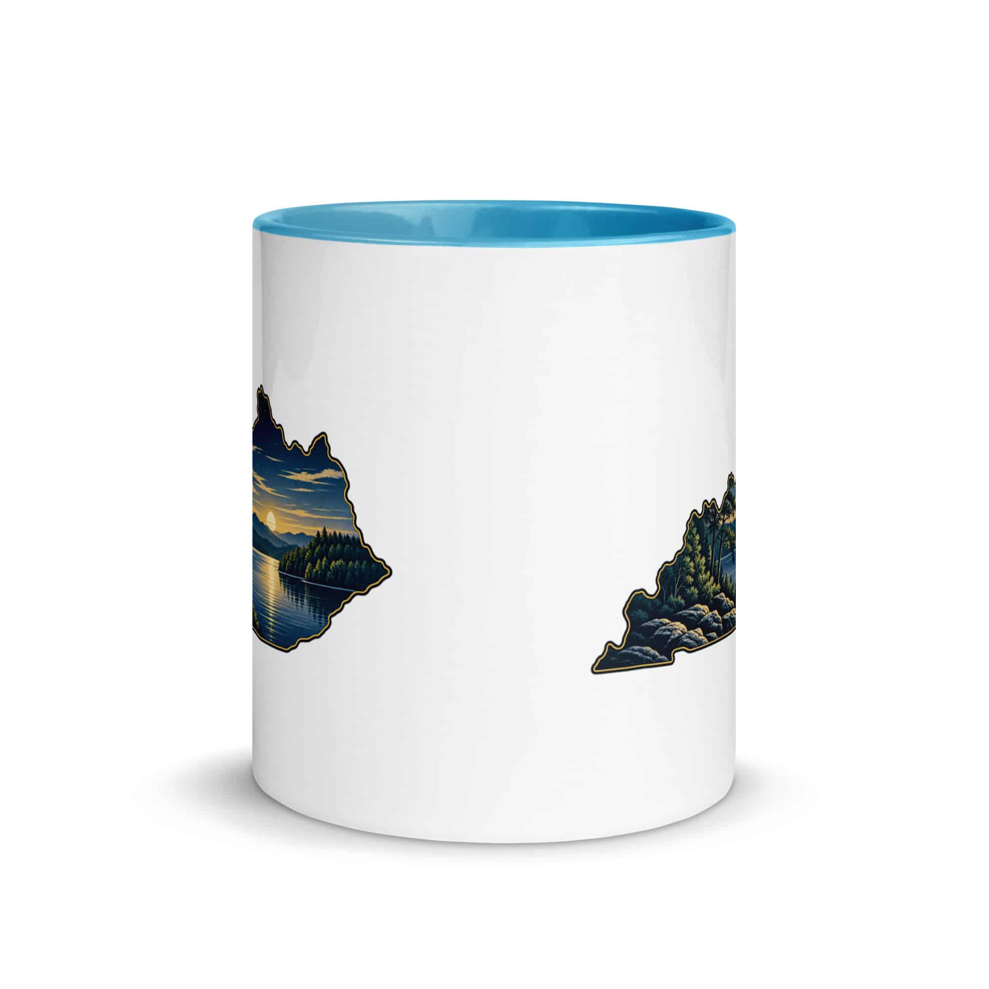 Kentucky Color Inside Coffee Mug: Lake with wooded shoreline, Illustrated Kentucky Silhouette