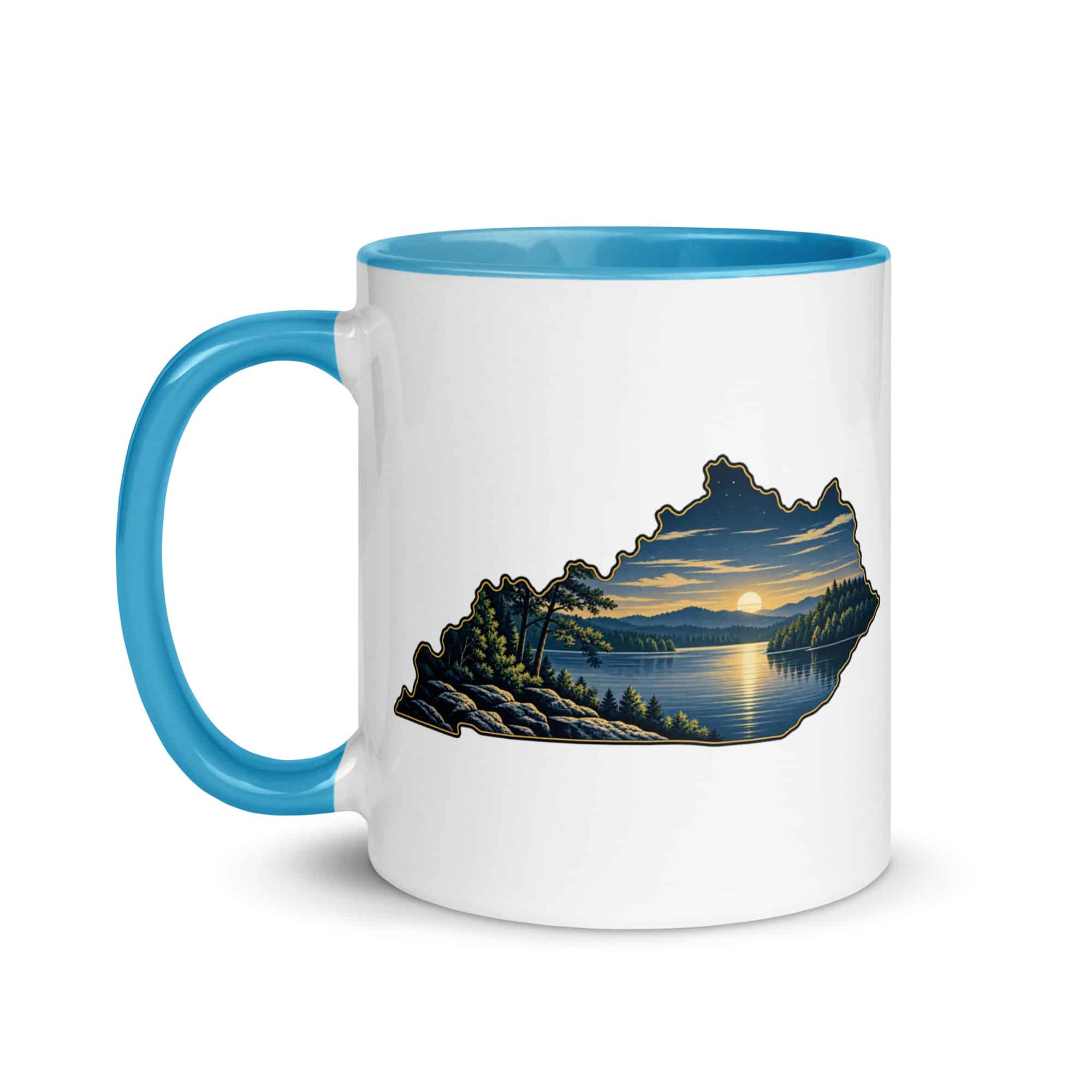 Kentucky Color Inside Coffee Mug: Lake with wooded shoreline, Illustrated Kentucky Silhouette
