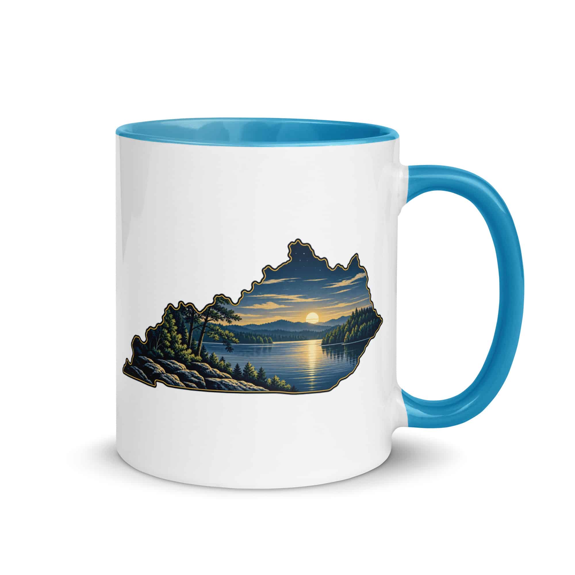 Kentucky Color Inside Coffee Mug: Lake with wooded shoreline, Illustrated Kentucky Silhouette