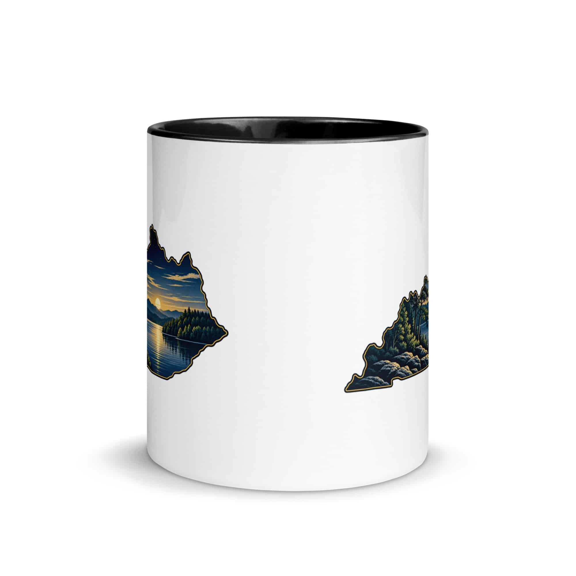 Kentucky Color Inside Coffee Mug: Lake with wooded shoreline, Illustrated Kentucky Silhouette