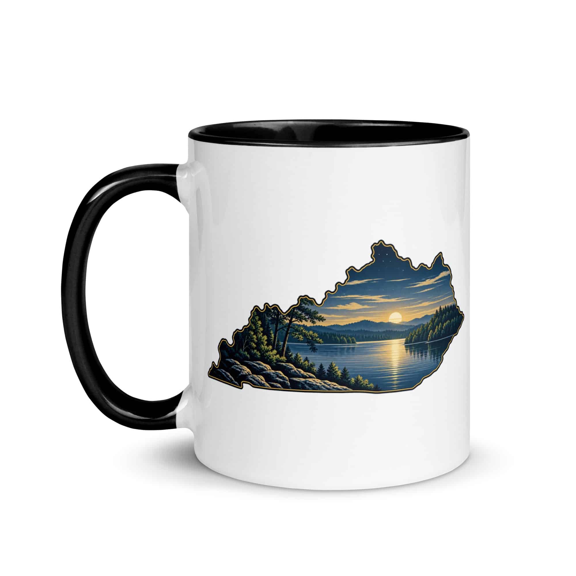 Kentucky Color Inside Coffee Mug: Lake with wooded shoreline, Illustrated Kentucky Silhouette