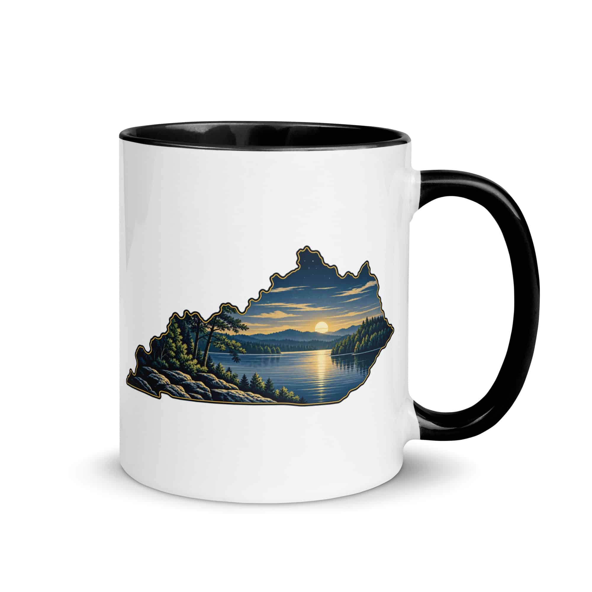 Kentucky Color Inside Coffee Mug: Lake with wooded shoreline, Illustrated Kentucky Silhouette