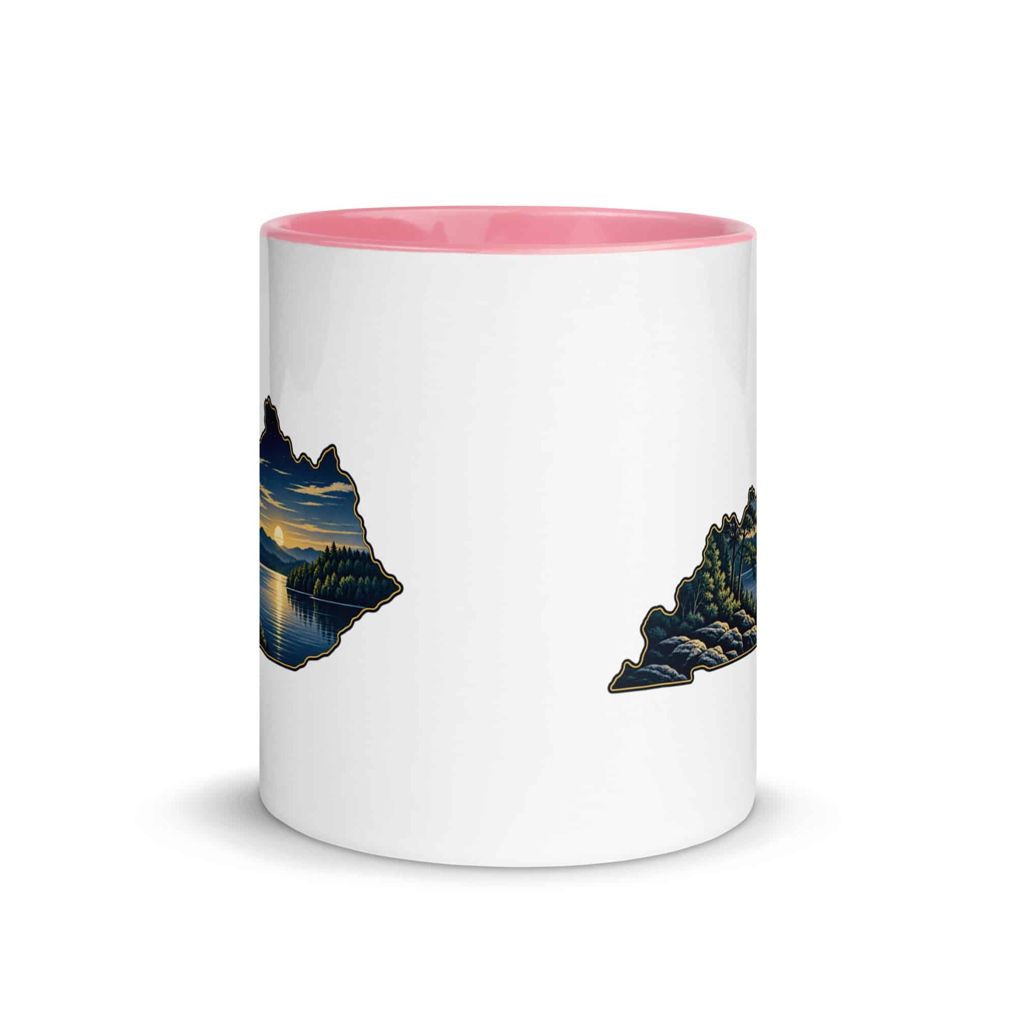 Kentucky Color Inside Coffee Mug: Lake with wooded shoreline, Illustrated Kentucky Silhouette