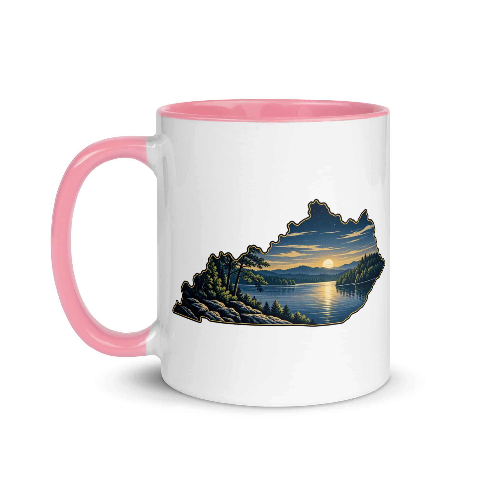 Kentucky Color Inside Coffee Mug: Lake with wooded shoreline, Illustrated Kentucky Silhouette