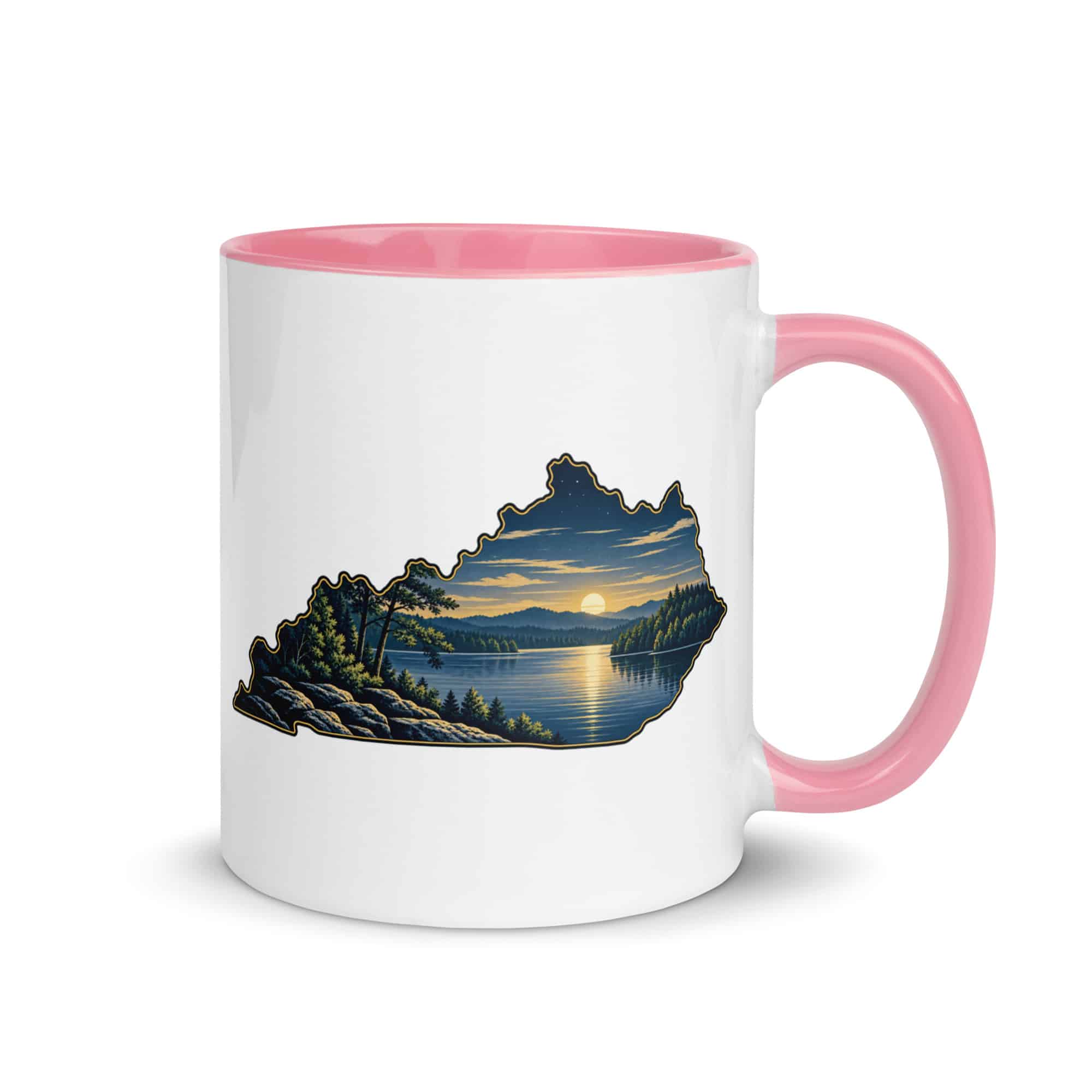 Kentucky Color Inside Coffee Mug: Lake with wooded shoreline, Illustrated Kentucky Silhouette