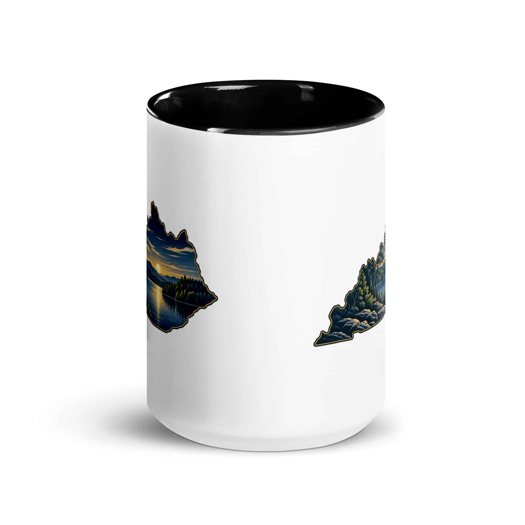 Kentucky Color Inside Coffee Mug: Lake with wooded shoreline, Illustrated Kentucky Silhouette